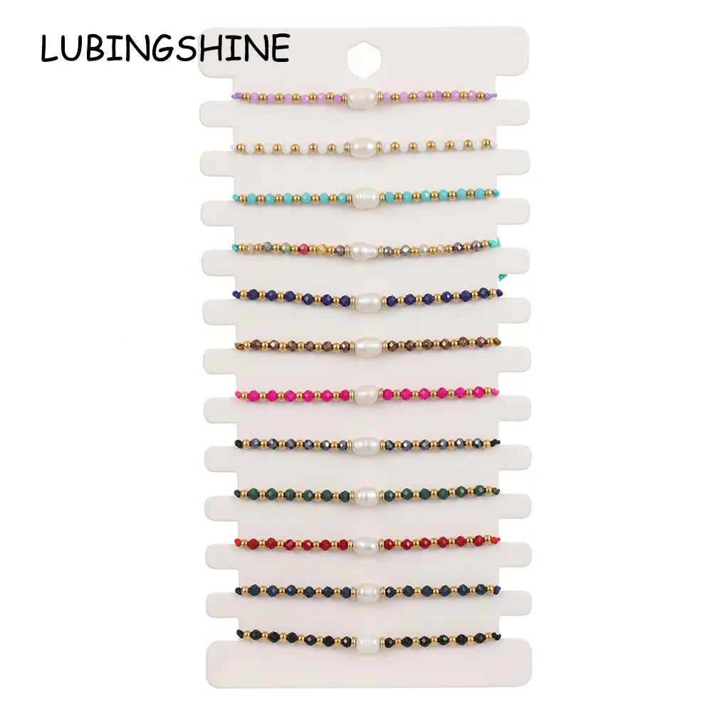 12pcs/set Bohemia Colored Rhinestone Rhinestone Bracelet Handmade Pearl Beaded Elastic Rope Bracelets for Women Ethnic Jewelry