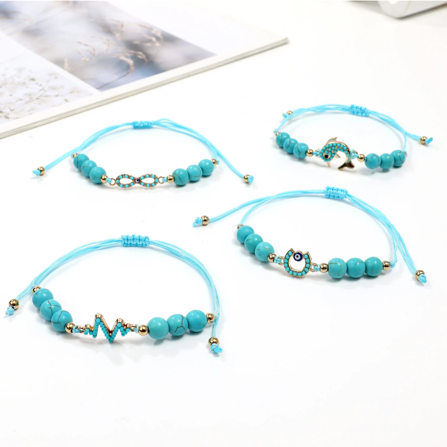 12pcs Tree of Life Fatima Hand Beads Bracelets Turquoises Adjustable Cotton Rope Chain Animal Charm Bracelet for Women Jewelry