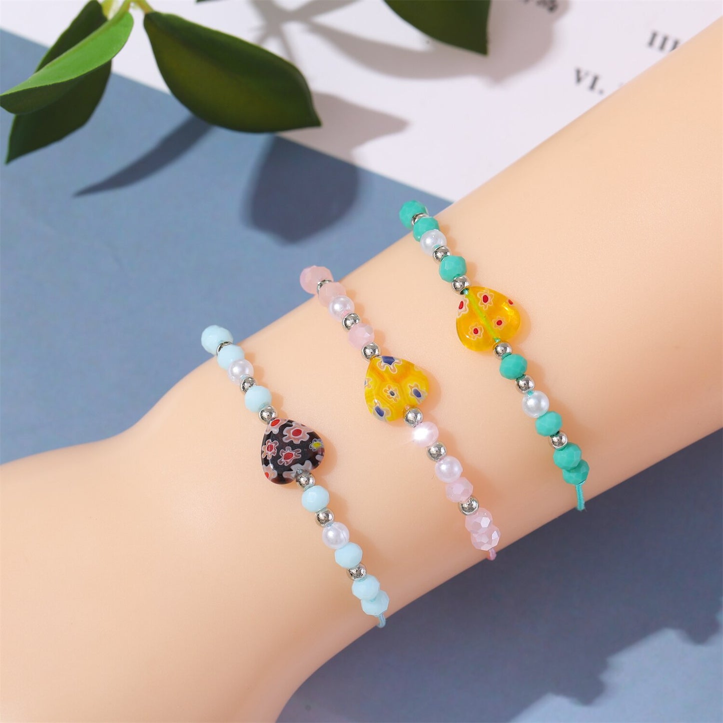 12 Pieces Crystal Seed Beads Heart Pendant Bracelet for Women Men Adjustable Summer Surf Anklet Jewelry Mixed Colors Wholesale