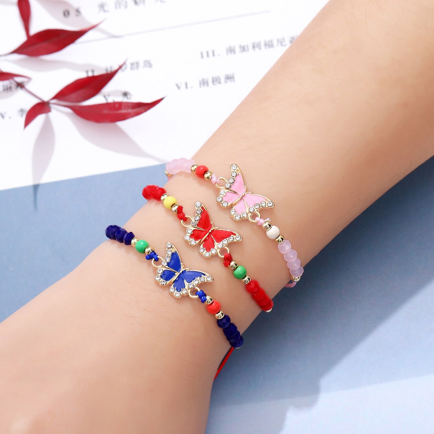 12pcs/lot Colorful Crystal Rhinestone Beads Butterfly Pendant Charm Bracelet for Girls Adjustable Anklet Kids Jewelry Wholesale