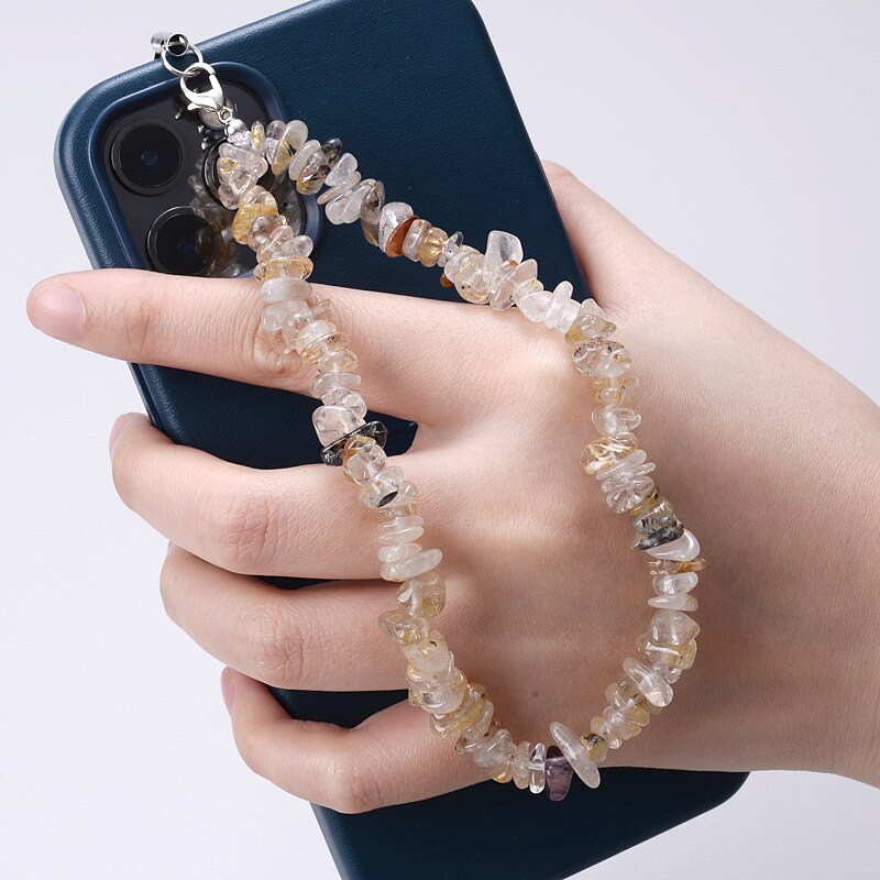 Colored Natural Stone Crushed Quartz Stone Chain Mobile Phone Chain Anti-lost Handmade Acrylic Cord Lanyard for Women Girls