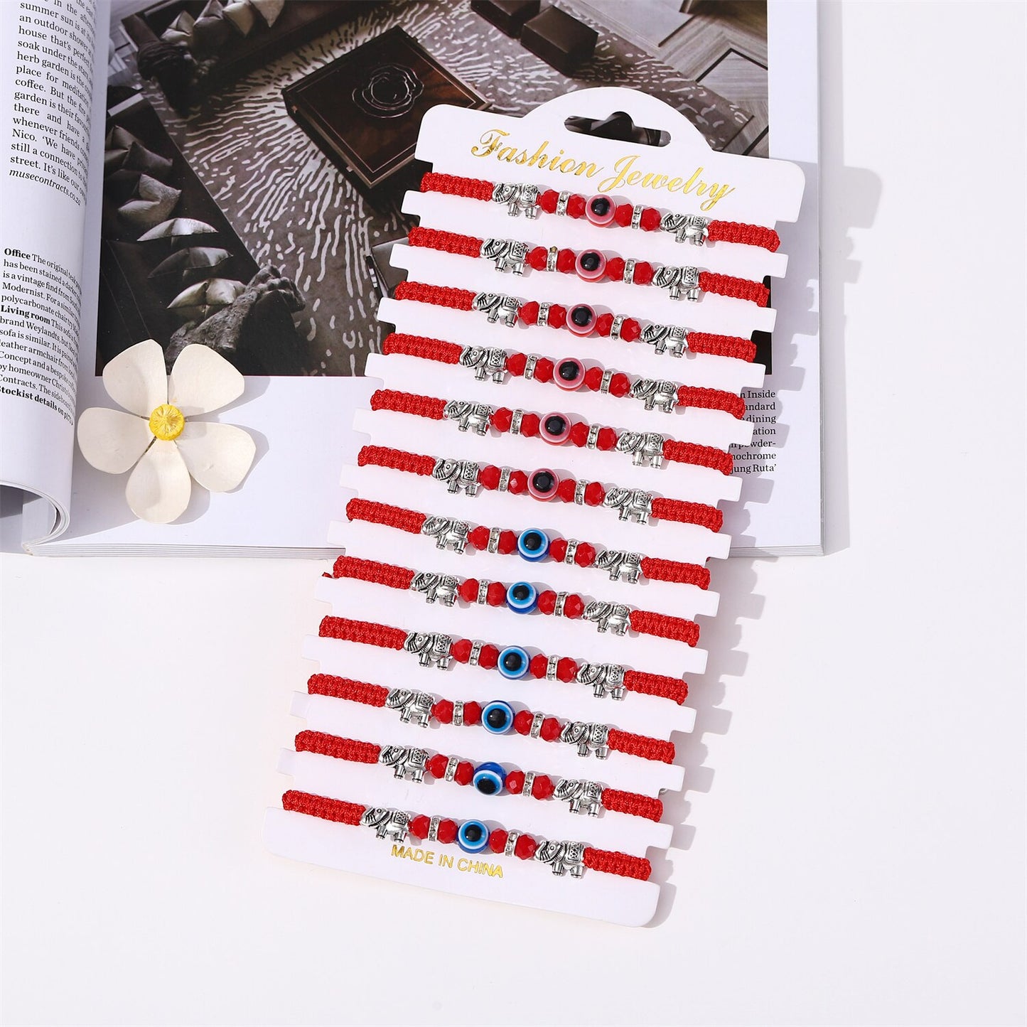 12pcs Handmade Thick Lucky Red Rope Braided Bracelet Evil Eye Bead Elephant Pendant Adjustable Bracelets for Women Men
