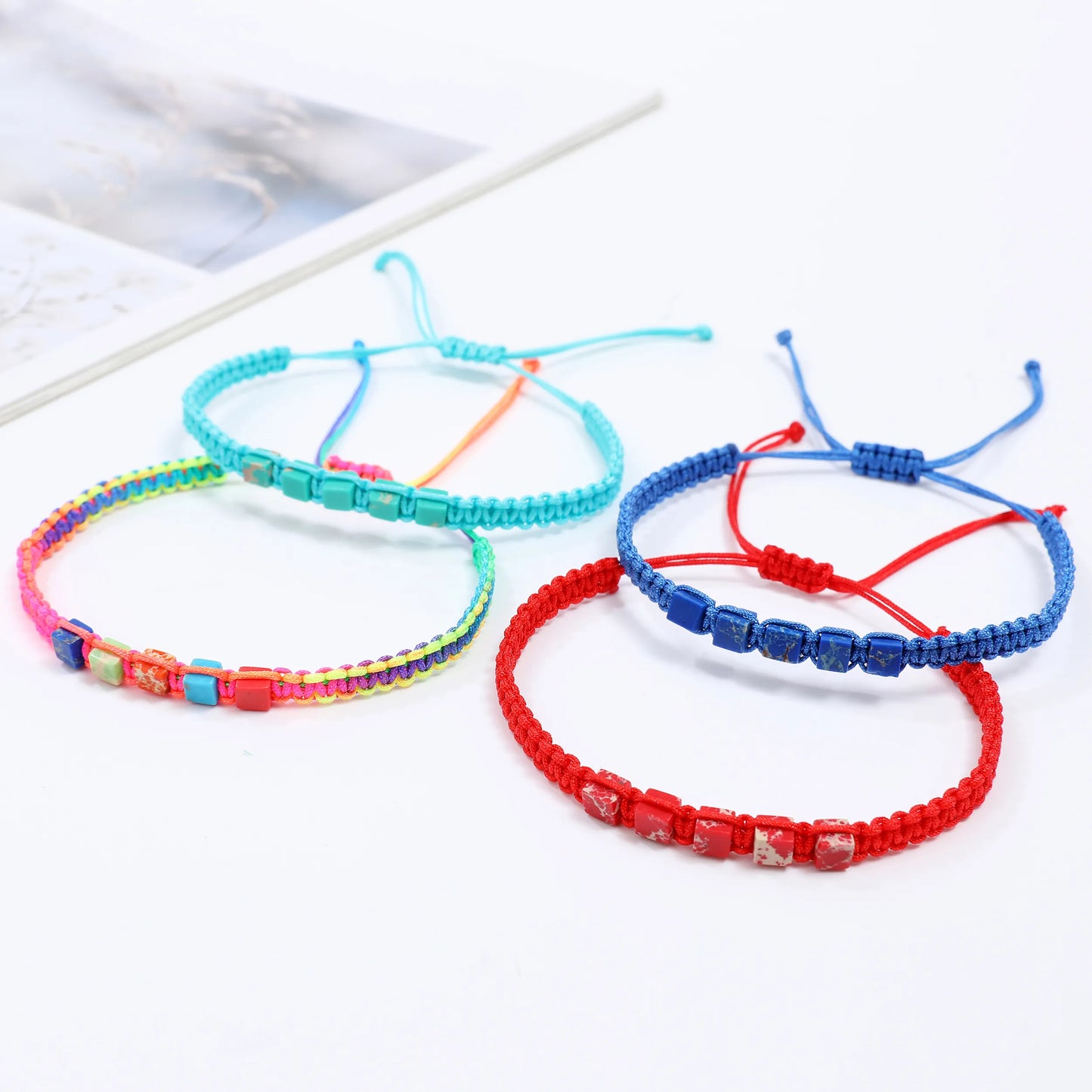Boho 12pcs Small Square Natural Stone Pendant Bracelet String Handwoven Friendship Bracelet Charm Bracelet Bangles Jewelry