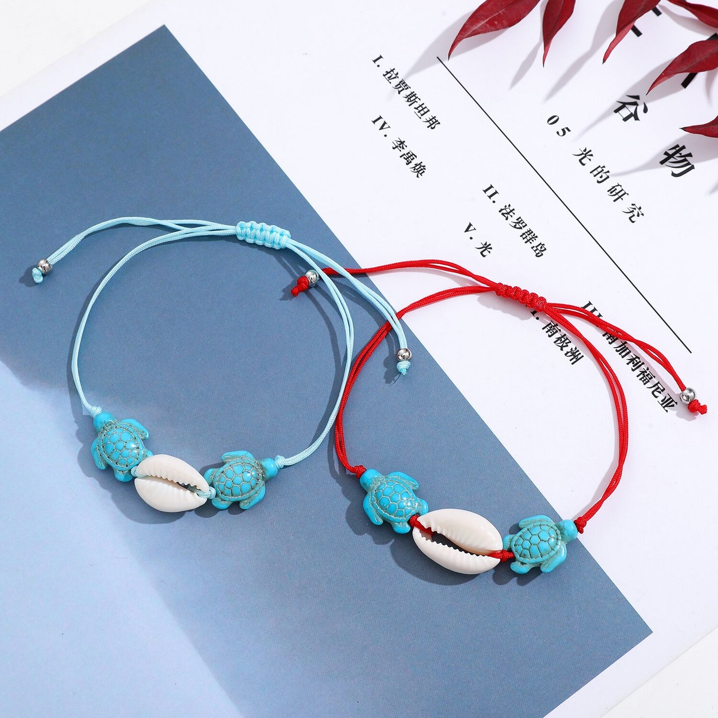 12pcs/lot Turquoise Sea Turtle Shell Pendant Charms Bracelet for Women Child Adjustable Rope Chain Natural Stone Anklet Jewelry