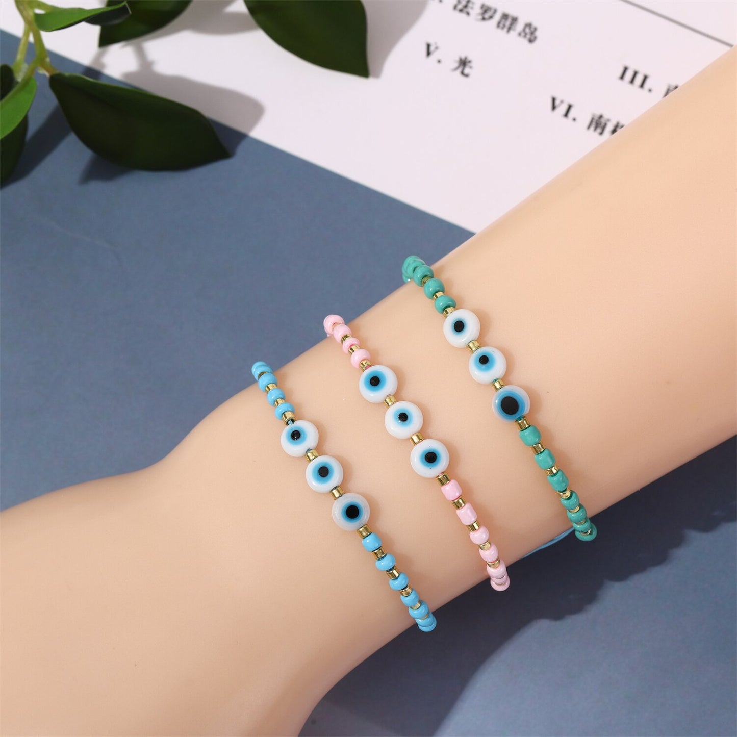 Boho 12pcs/lot Evil Eye Resin Beads Bracelet for Women Adjustable Woven Crystal Chain Summer Anklet Jewelry Wholesale