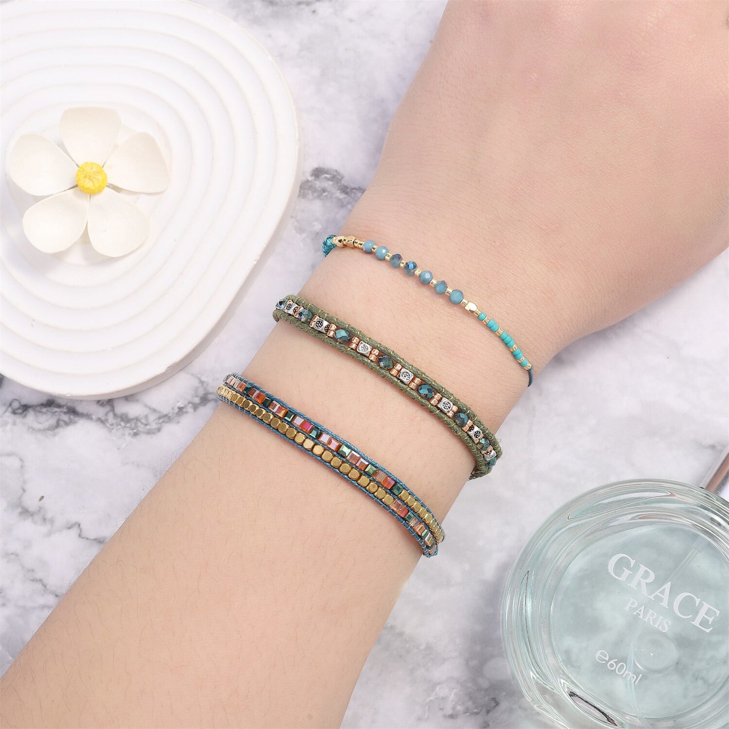 3 Pieces Handmade Weave Adjustable Rope Chain Crystal Charms Bracelets Wrap Charms Bracelet Wristband Jewelry for Women Girls
