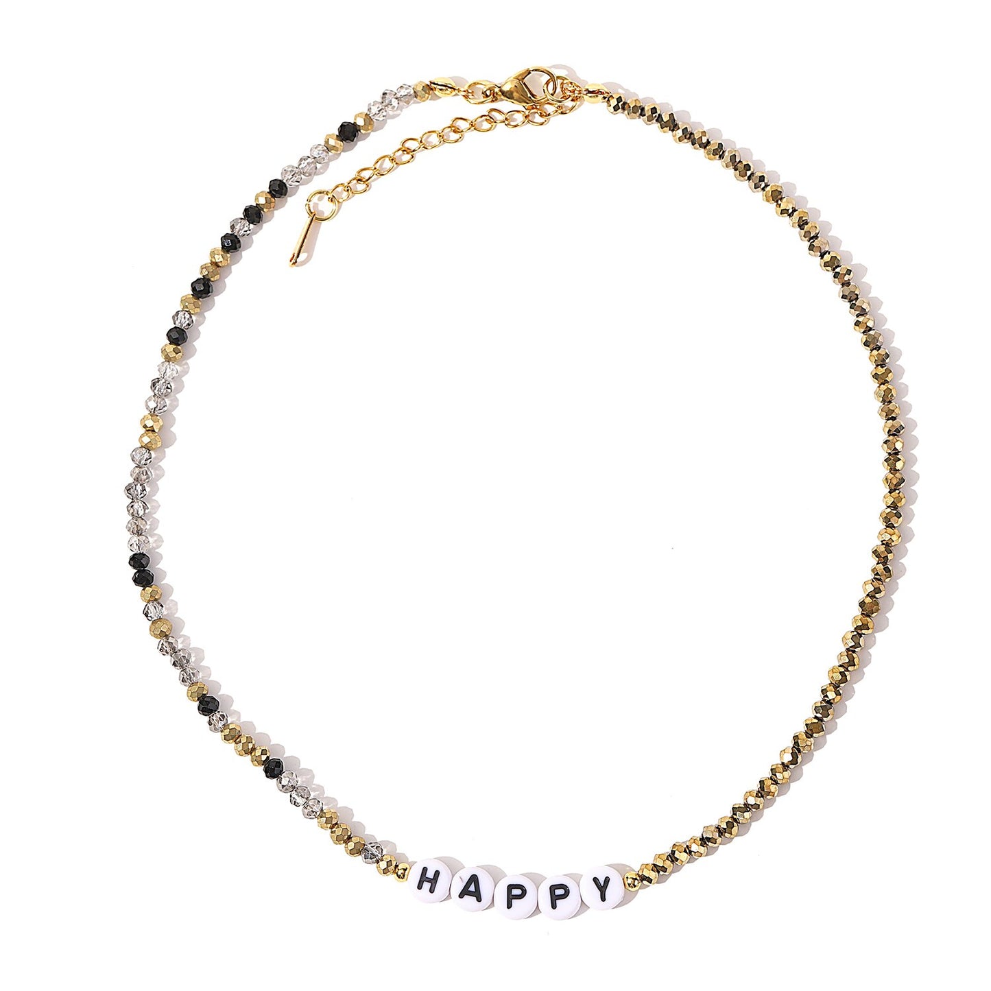 Fashion Crystal Beads Letter HAPPY Necklace for Women Simple Alphabet Beaded Chokers Jewelry Accessories