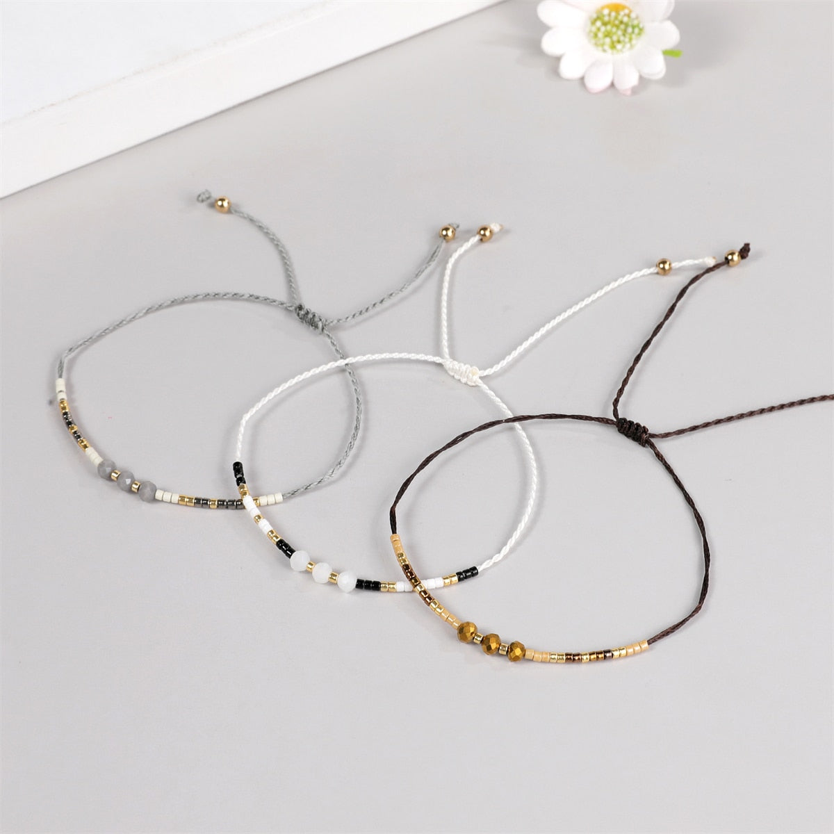 12Pcs Faceted Crystal Seeds Beaded Pearl Braceles Anklets Adjustable Braided Wax Rope Chain Wristband Cuff Boho Jewelry