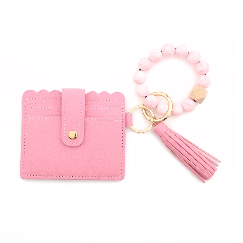 Fashion Silicone Beads Tassel Bracelet Wristlet Bangle with Wallet Key Card Holder Large Round Keyring for Women Handbag