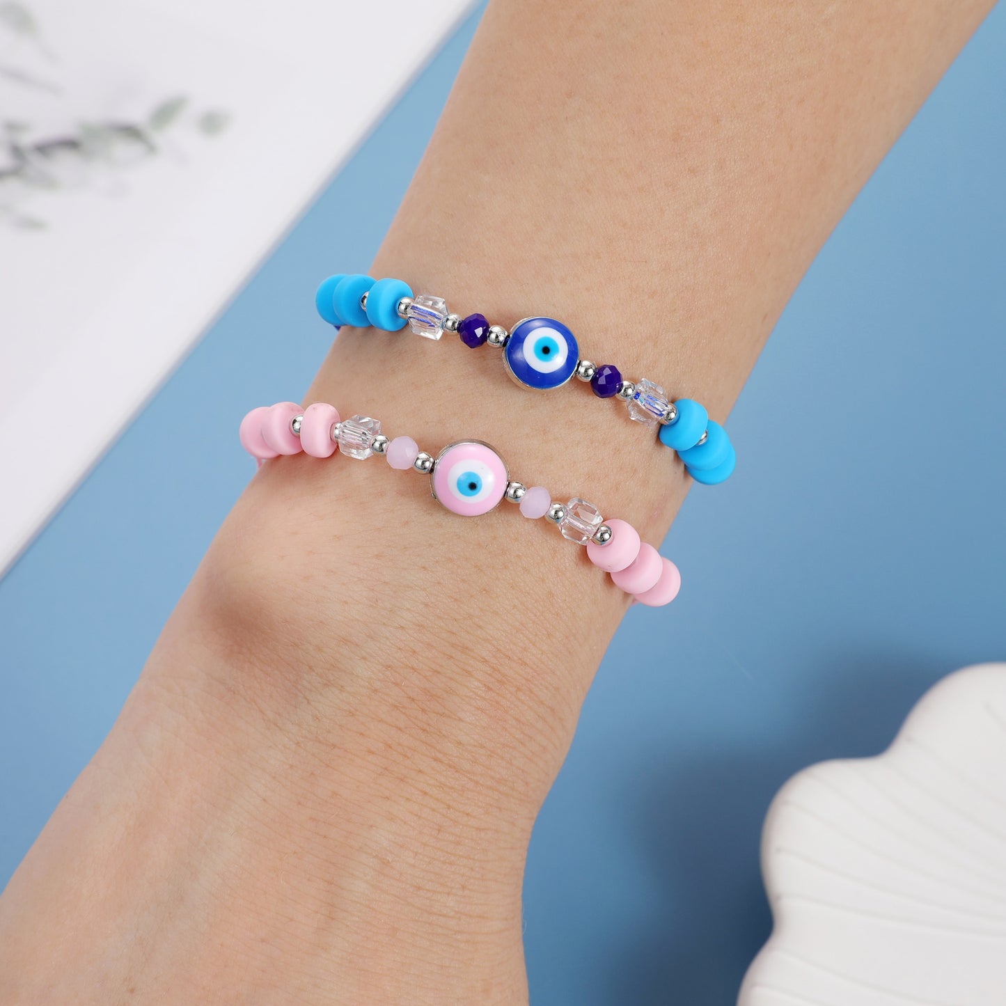 12pcs Blue Evil Eye Bracelet Bohemia Jewelry Handmade Woven Rope Acrylic Macaron Beaded Bracelets for Women Girl Gift