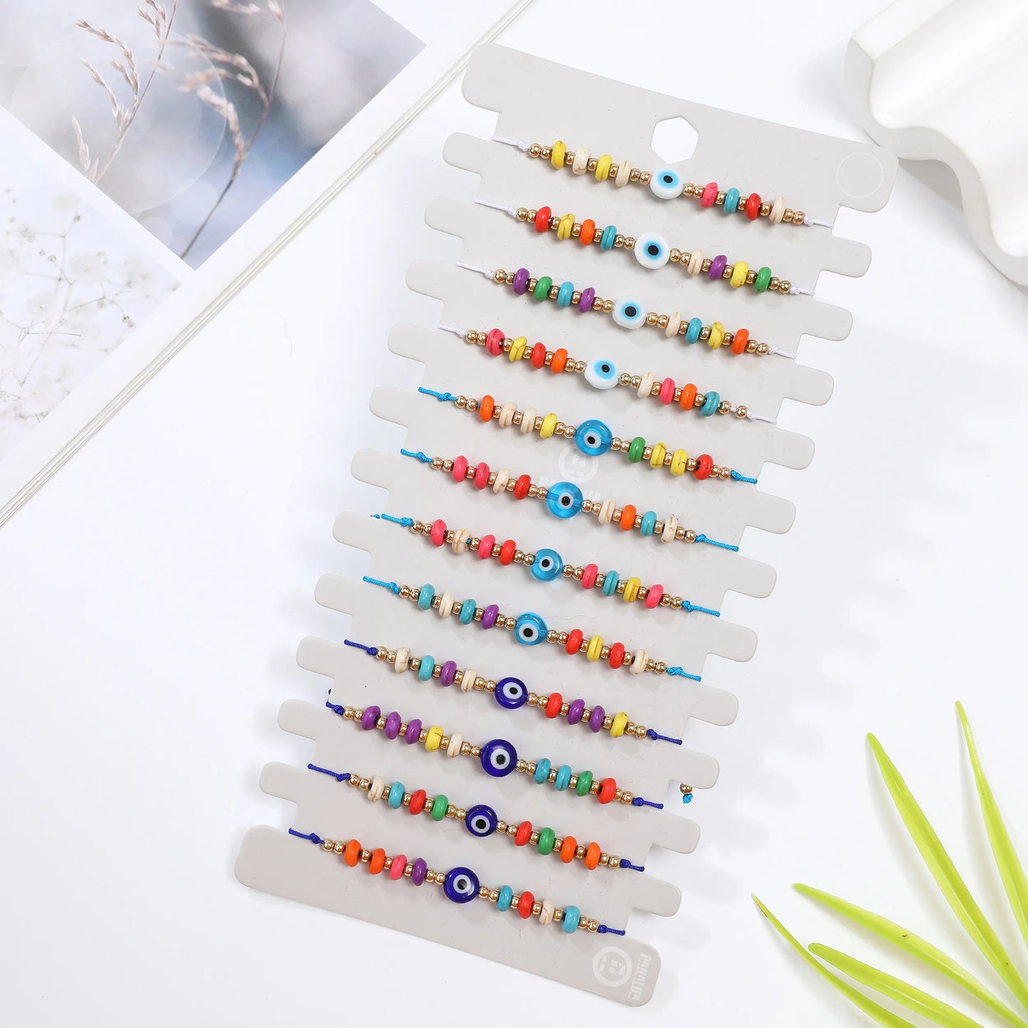 12Pcs Colorful Polymer Pottery Evil Eye Braided Bracelet Set Ewelry Fashion Rope Accessories Female Girls Gifts