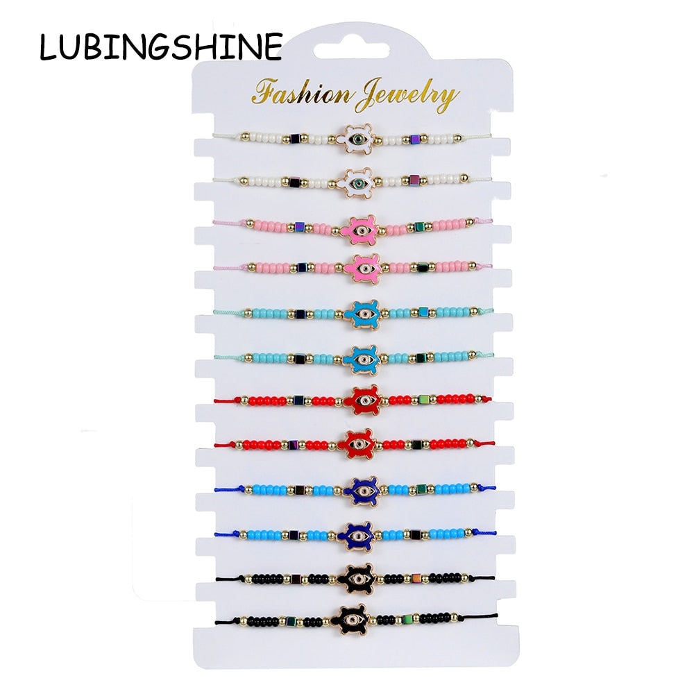 12pcs/Set Handmade Braid Rope Chain Bracelet Oil Painting Turtle Charms Seed Beads Bracelets for Women Fashion Jewelry