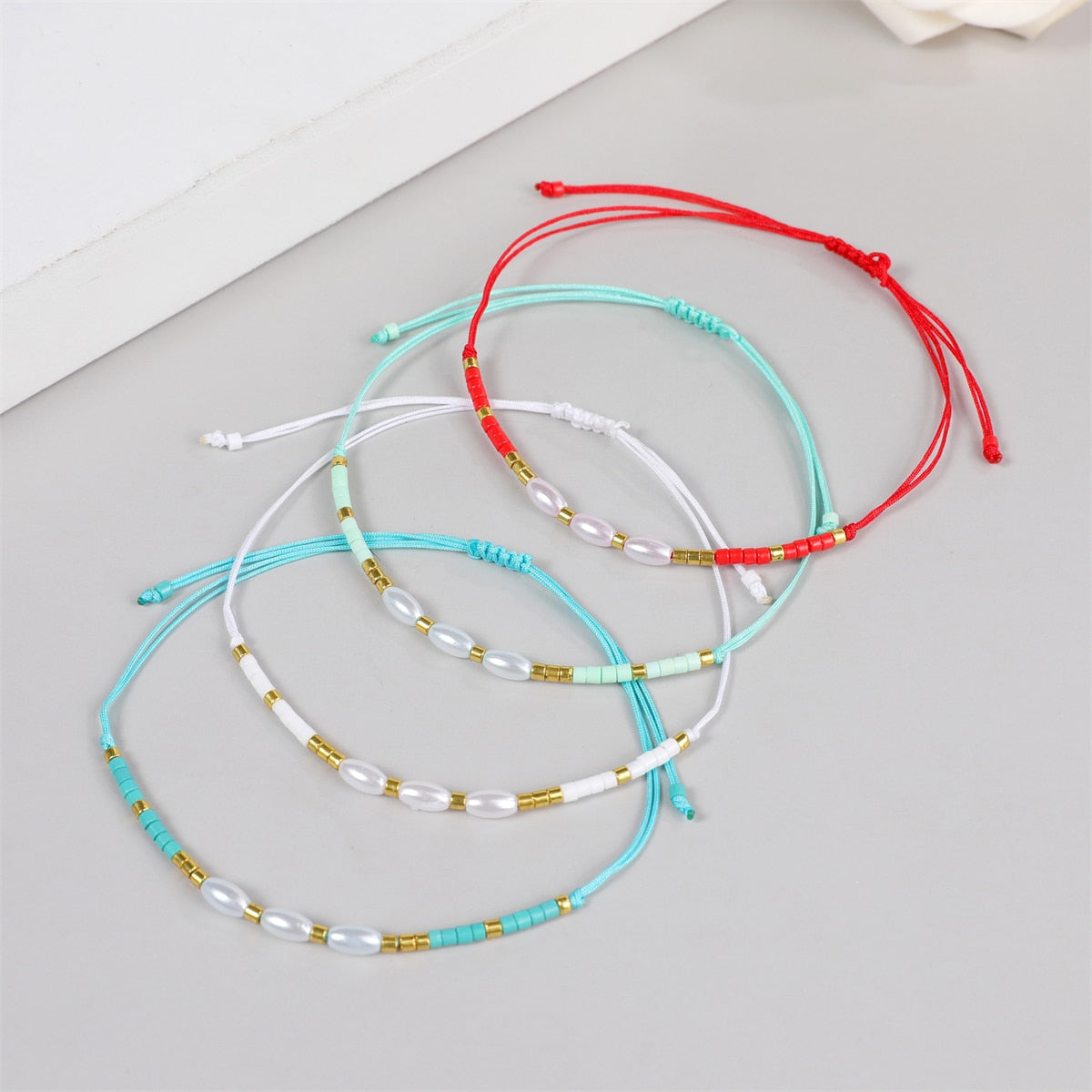 Boho 12pcs Seeds Bead Pearl Bracelet for Women Men Summer Surf Anklet Adjustable Hand Braided Wax Rope Chain Bracelets