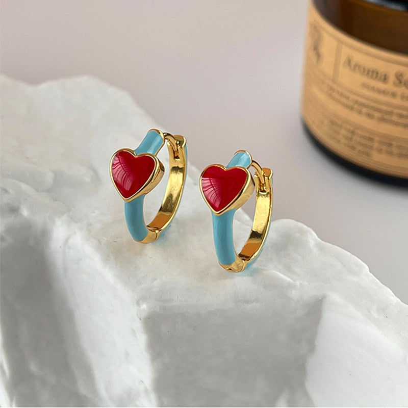 Trendy Colorful Drip Enamel Heart Hoop Earrings for Women Minimalist Symmetry Jewelry Engagement Studs Earrings 2023 New