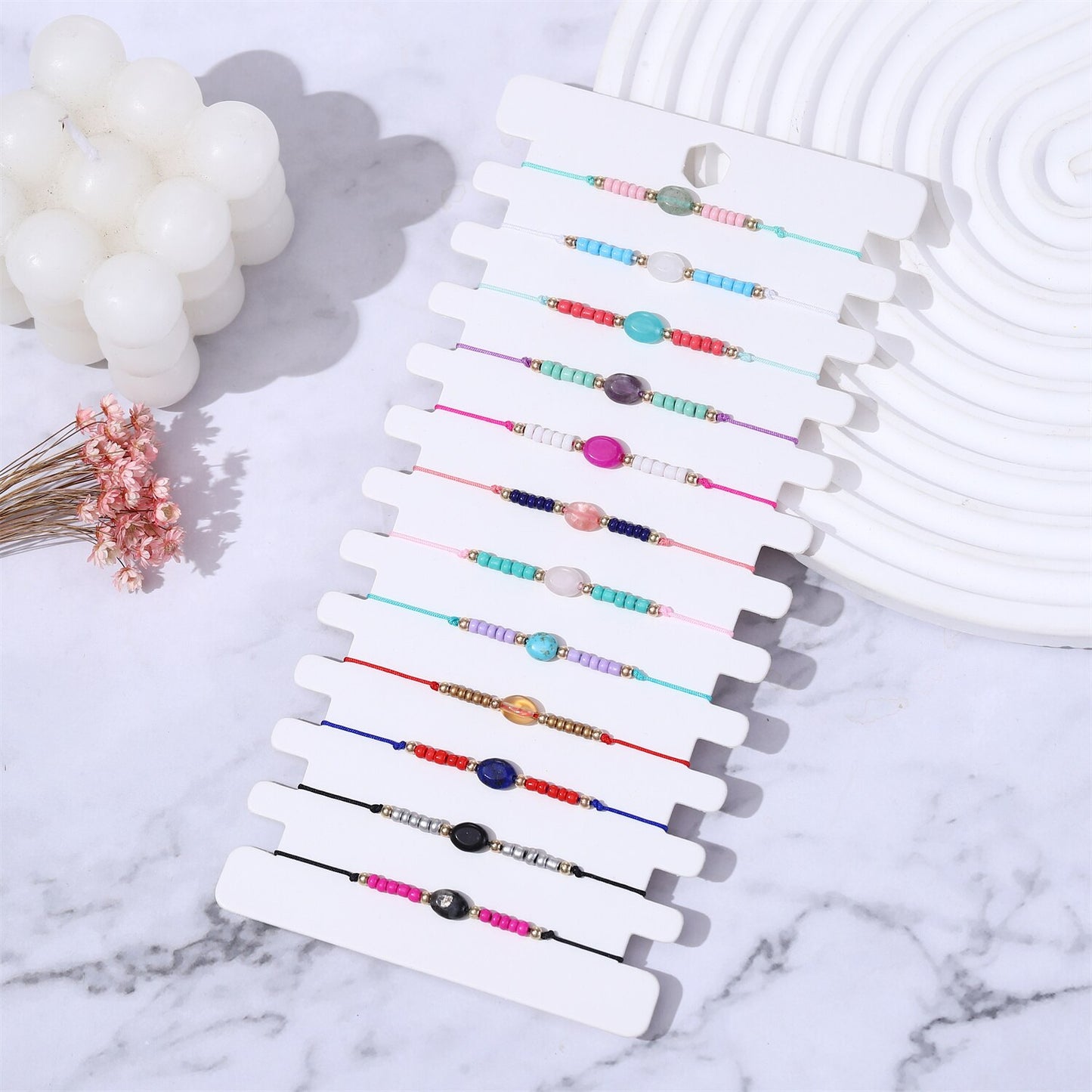 12Pcs/Lot Seed Beads Natural Stone Charms Bracelets Wish Bracelets Adjustable String Wish Bracelets Jewelry Gifts for Girls