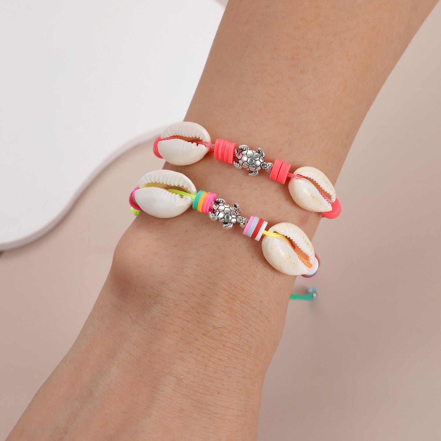 12pcs Soft Clay Beaded Bracelet Metal Tortoise Shell Charms Bracelets for Women Handmade Woven Rope Bracelets Anklet Wholesale