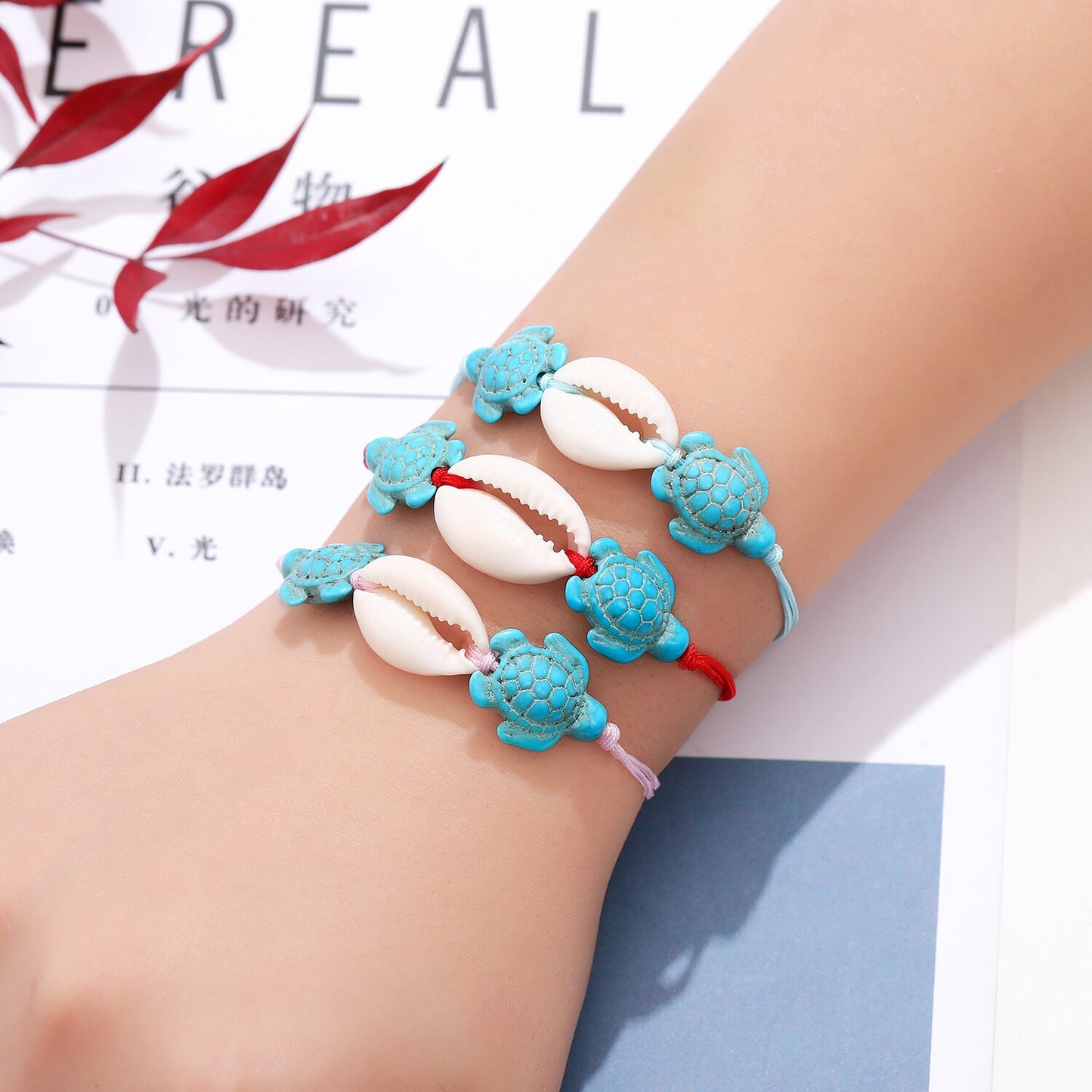 12pcs/lot Turquoise Sea Turtle Shell Pendant Charms Bracelet for Women Child Adjustable Rope Chain Natural Stone Anklet Jewelry