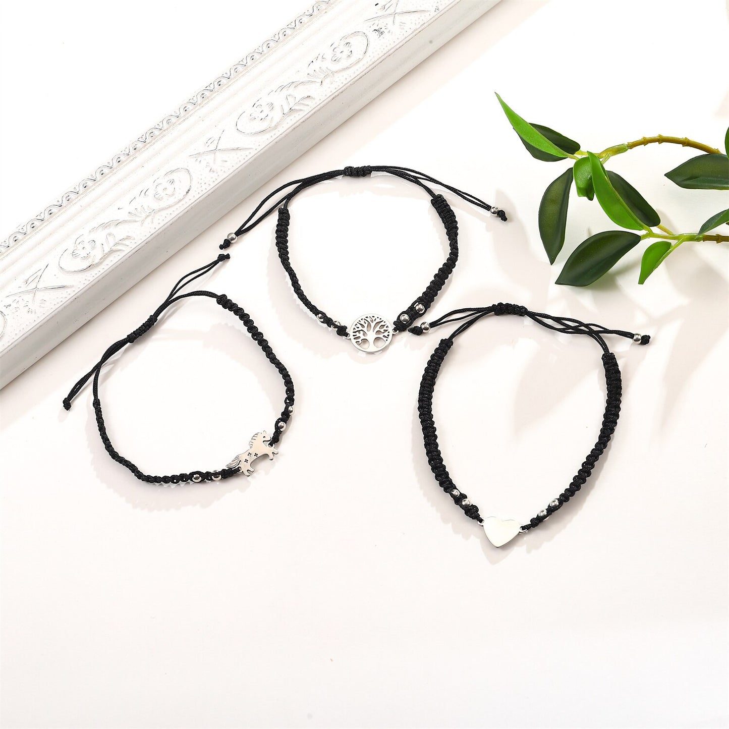 12pcs/lot Star Unicorn Heart Charms Bracelet Set for Woman Braided Adjustable Black Braided Wristband Cuff Jewelry Wholesale