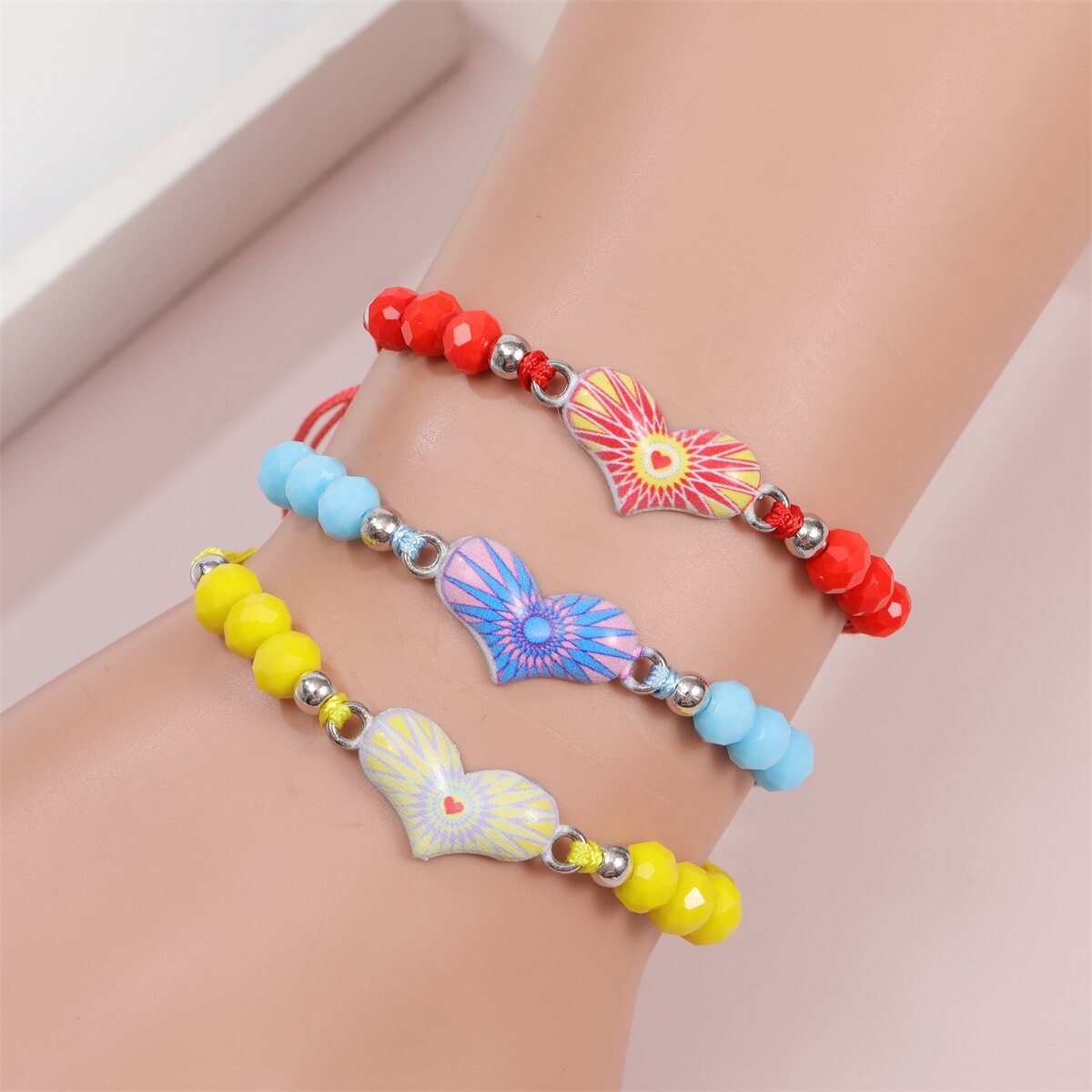 Enamel Charms Elastic Heart Pendant Bracelet for Women Adjustable Braided Rope Chain Crystal Bead Wristband Bracelet Jewelry