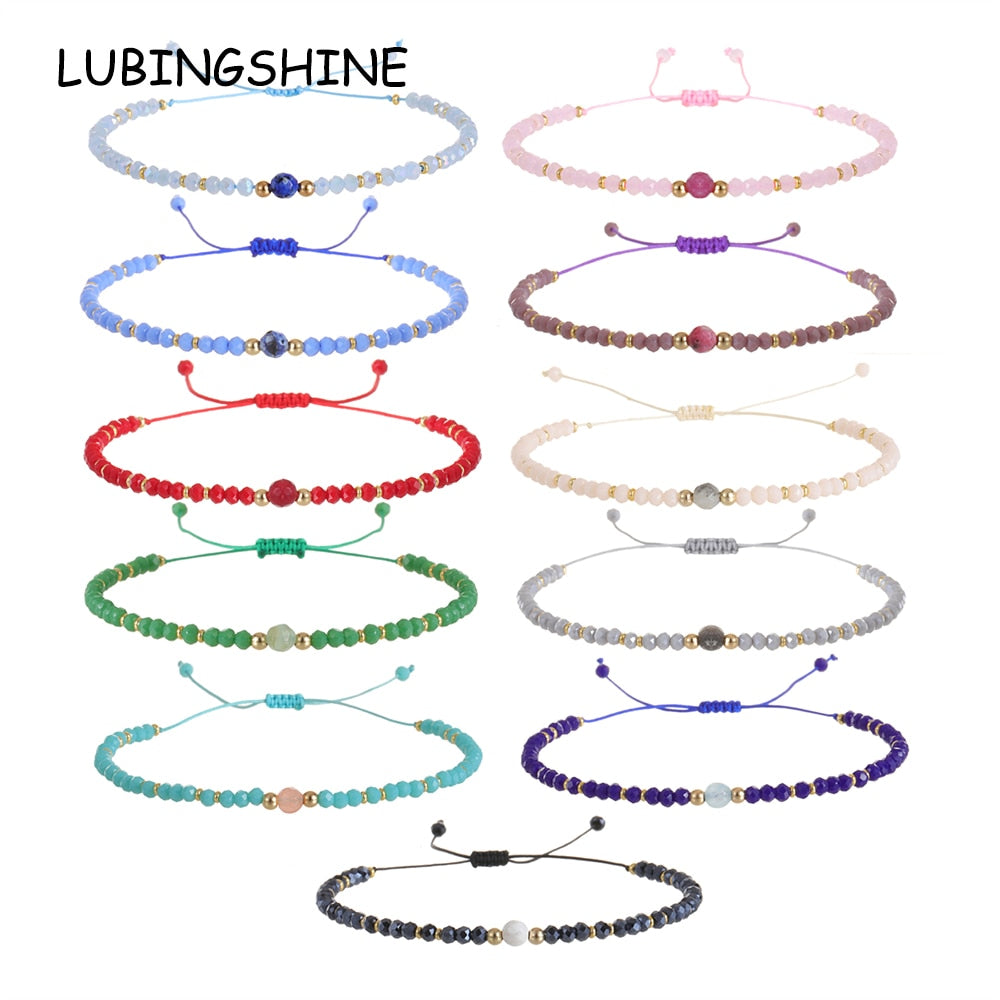 Women Crystal Faceted Glass Beads Charms Bracelets Boho Woven Adjustable Wristband Cuff Jewelry