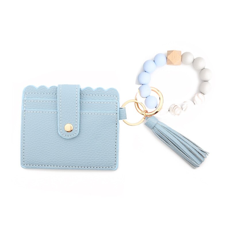 Fashion Silicone Beads Tassel Bracelet Wristlet Bangle with Wallet Key Card Holder Large Round Keyring for Women Handbag