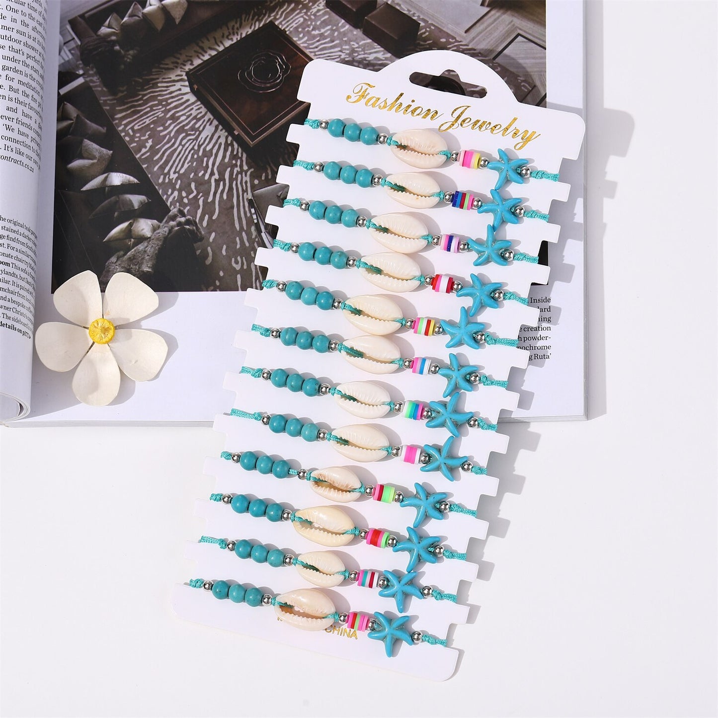 12pcs/lot Green Natural Stone Beads Bracelet for women Men Yoga Jewelry Starfish Shell Bracelet Accessories Wholesale