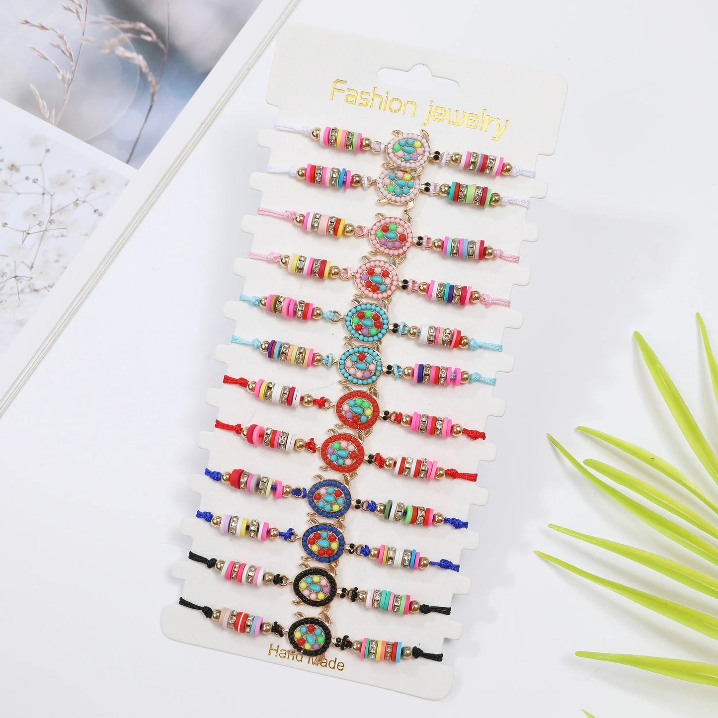 12pcs Polymer Clay Beads Colorful Turtle Pendant Bracelet Charms Braided Rope Chain Bracelet Yoga Jewelry Gifts