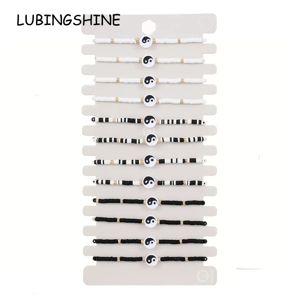 12pcs Black/White Tai Chi Yin Yang Pendant Bracelets for Women Men Traditional Style Handwoven Bracelet Friendship Gift