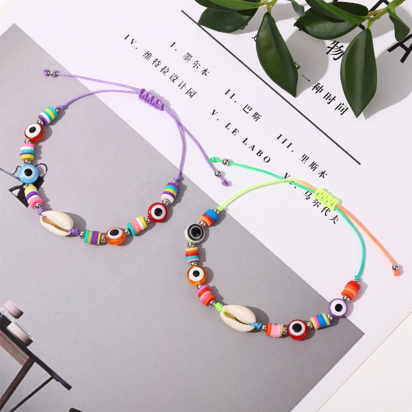 12 Pcs Beach Shell Evil Eye Beads Bracelet Anklet Set Women Summer Handmade Ankle Adjustable Clay Bracelets Wholesale