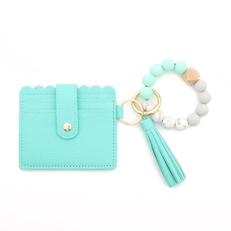 Fashion Silicone Beads Tassel Bracelet Wristlet Bangle with Wallet Key Card Holder Large Round Keyring for Women Handbag