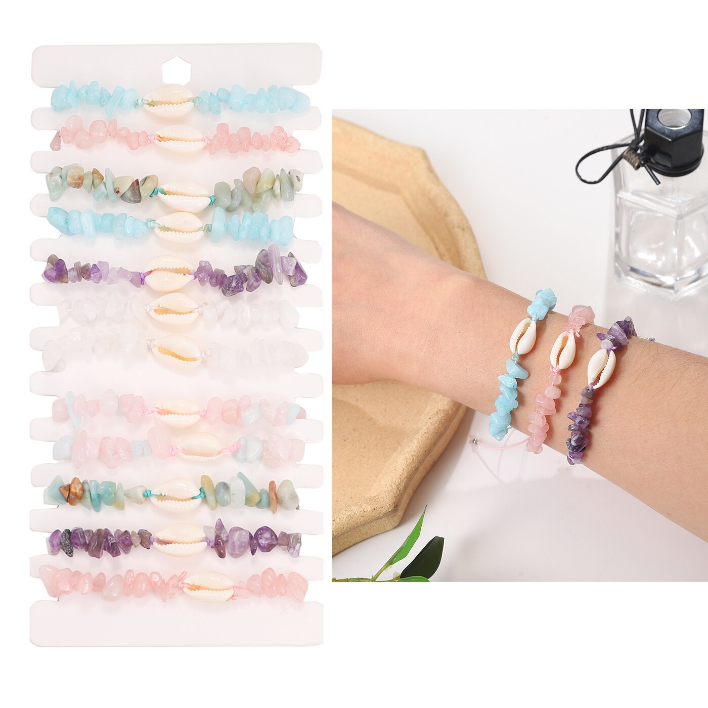 12pcs Natural Stone Amethyst 7 Chakra Bracelets Healing Crystal Bracelet Chipped Gravel Beads Gifts for Women Anklet Mix Colors