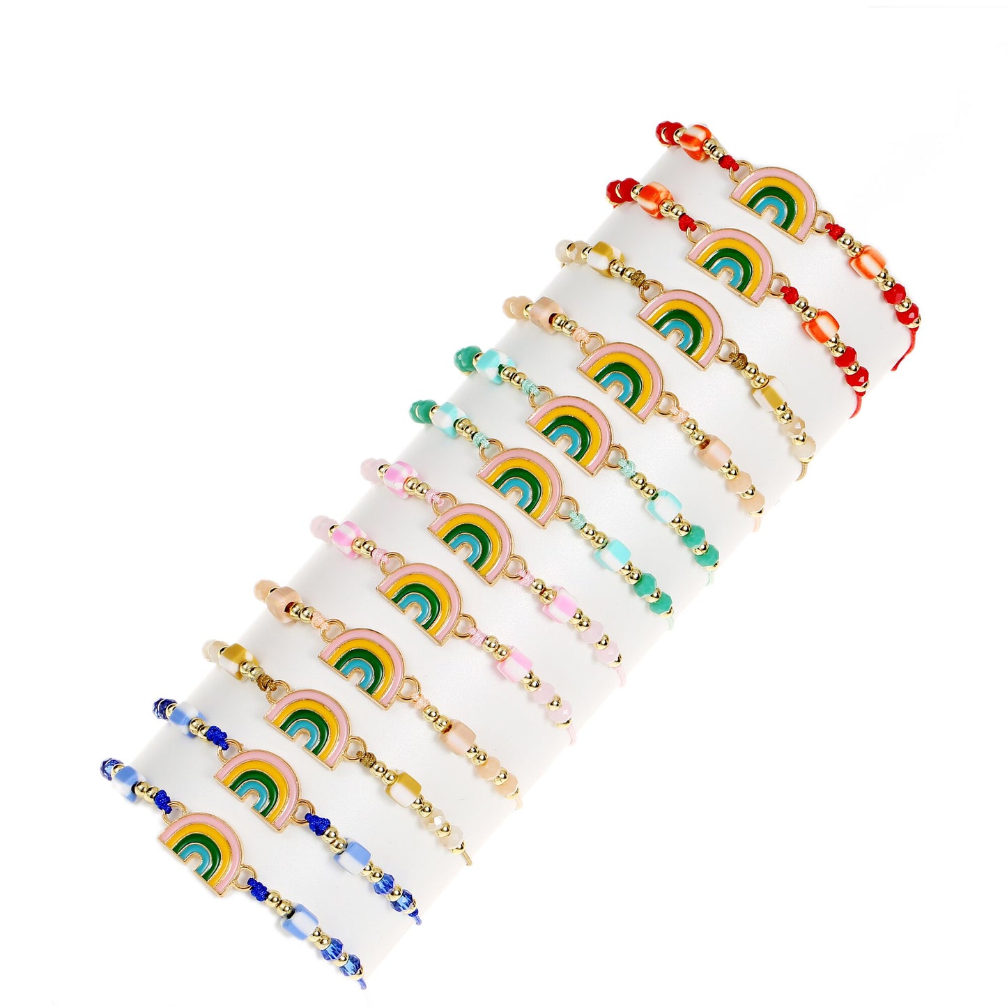 12pcs/lot Colorful Oil Drip Rainbow Pendant Braided Bracelet for Child Girl Adjustable Elastic Rope Chain Anklet Party Jewelry