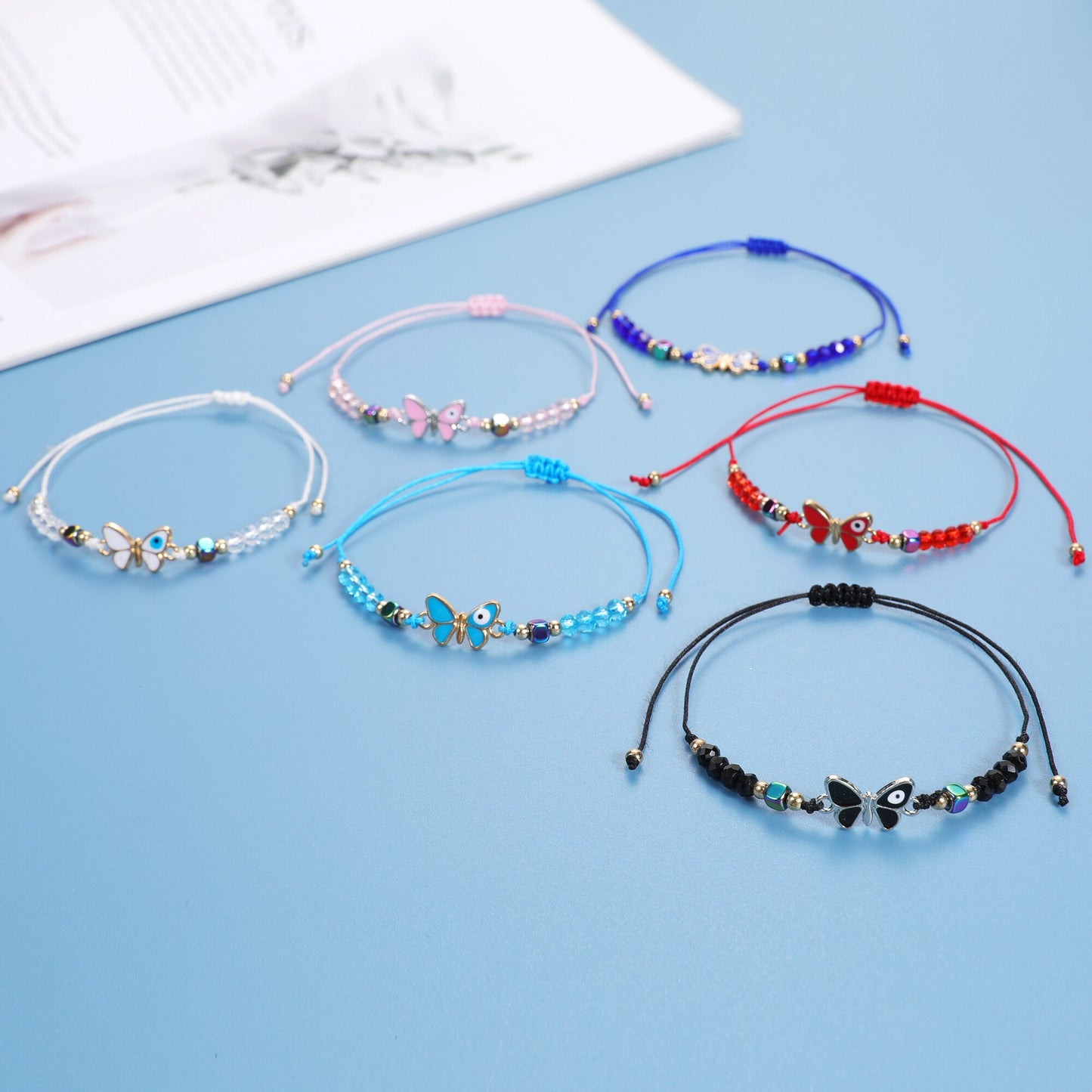 12pcs/lot Butterfly Evil Eye Braided Bracelets for Women Girls Animal Rhinestone Beads Adjustable Woven Rope Bracelet Jewelry