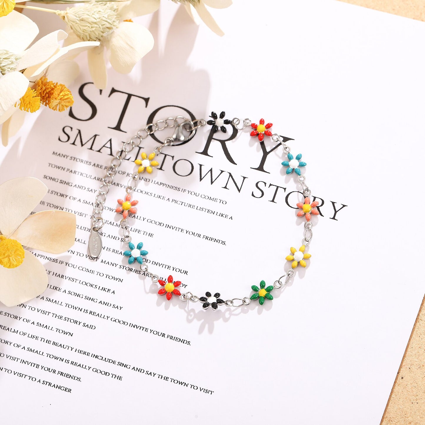 Stainless Steel Color Drip Blossom Flower Pendant Bracelet Aesthetic Jewelry for Women Minimalist Adjustable Chain Bangle Ankles