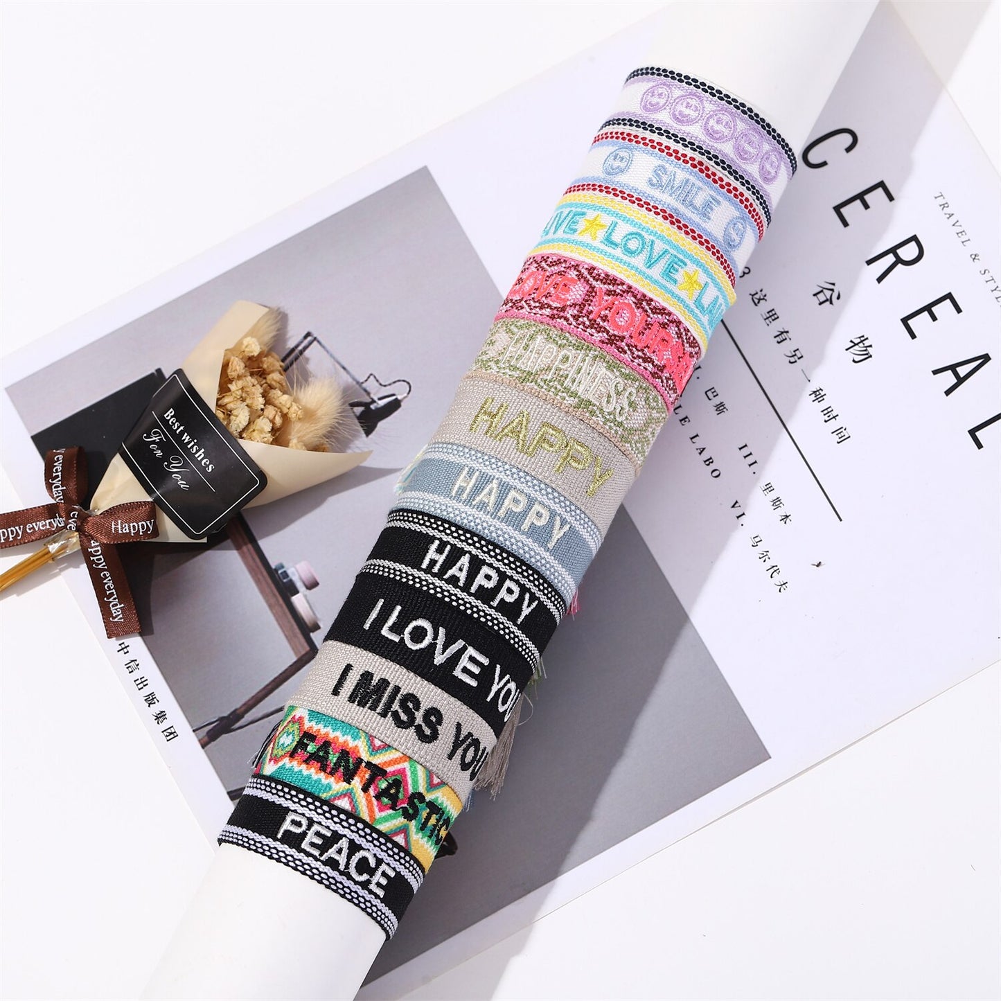 12pcs/lot Pretty Bohemia Wide Braided Bracelet Set Letter 'LOVE HAPPY' Friendship Handmade Embroidery Bracelet for Women Men
