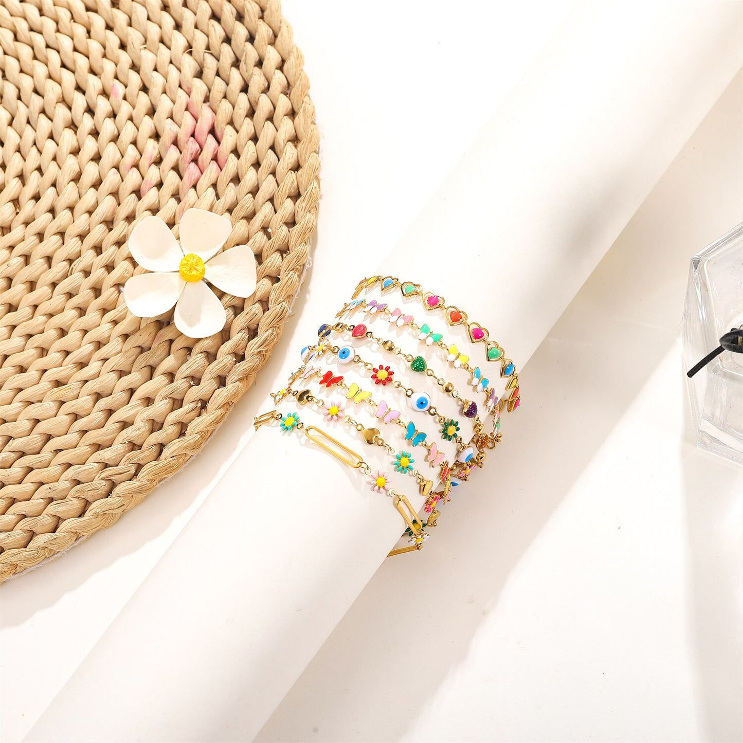 Stainless Steel Oil Drip Heart Sunflower Daisy Pendant Bracelets for Women Men Titanium Chain Minimalist Waterproof Jewelry