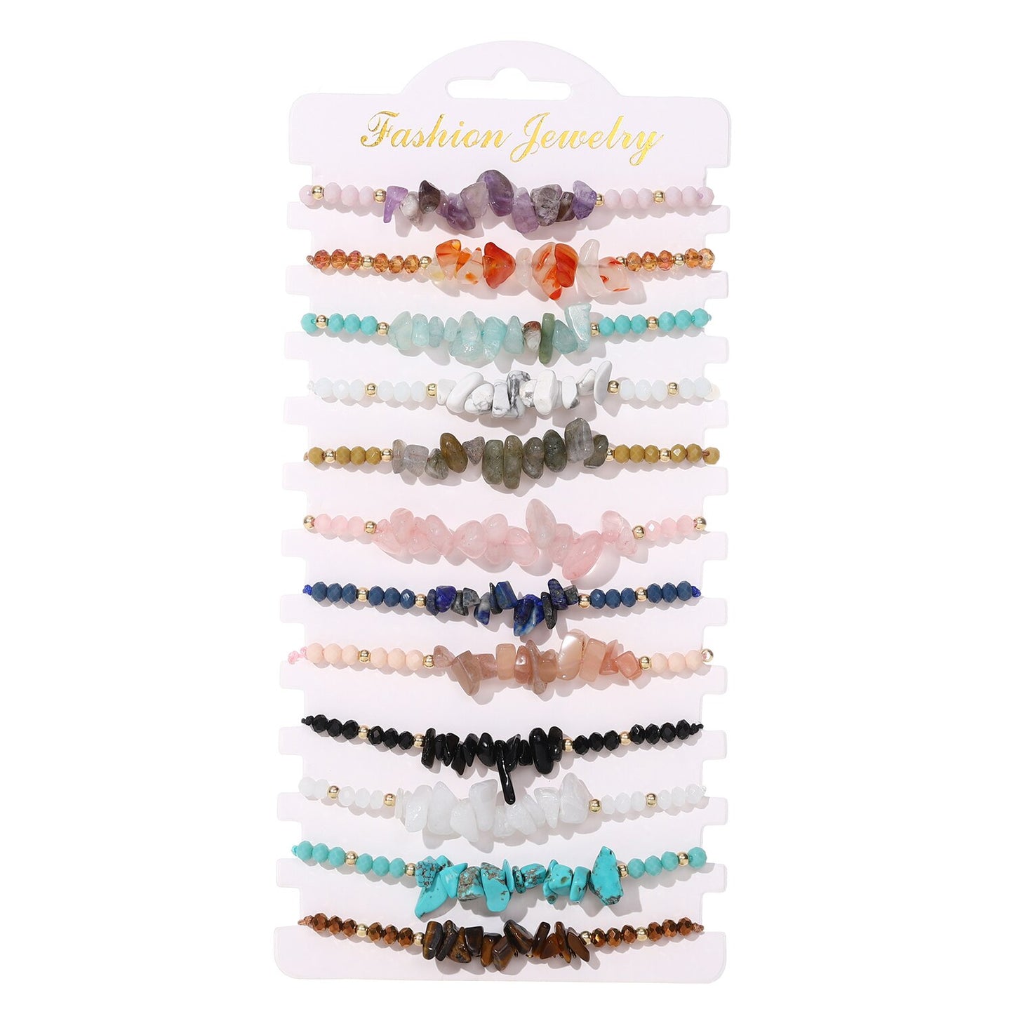 12pcs Natural Stone Amethyst 7 Chakra Bracelets Healing Crystal Bracelet Chipped Gravel Beads Gifts for Women Anklet Mix Colors