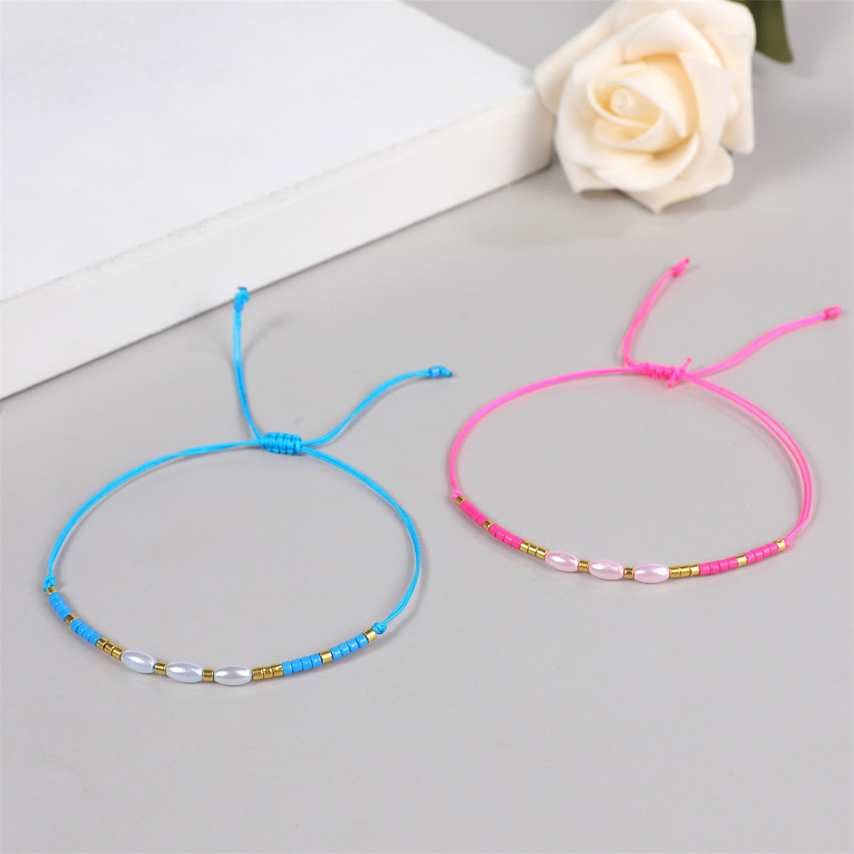 Boho 12pcs Seeds Bead Pearl Bracelet for Women Men Summer Surf Anklet Adjustable Hand Braided Wax Rope Chain Bracelets