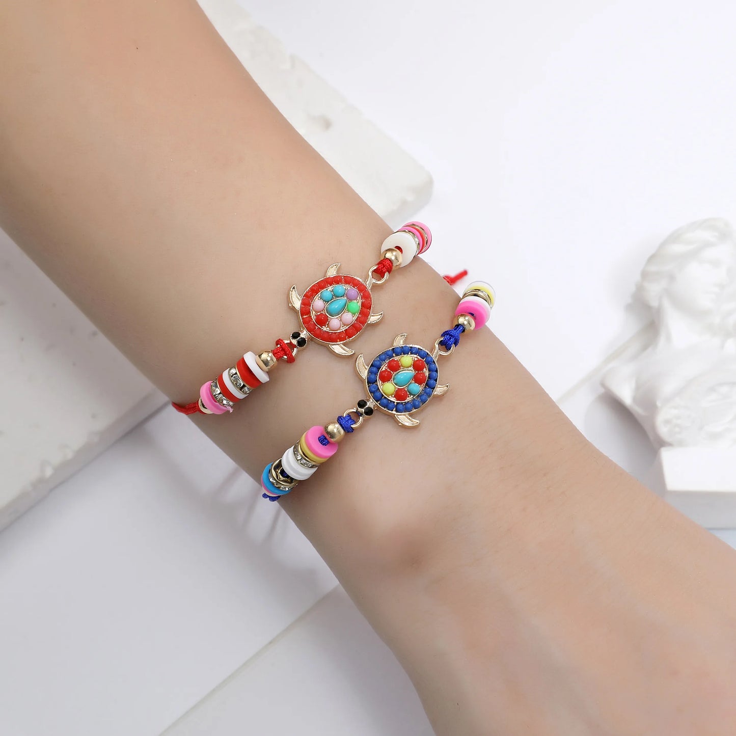 12pcs Polymer Clay Beads Colorful Turtle Pendant Bracelet Charms Braided Rope Chain Bracelet Yoga Jewelry Gifts