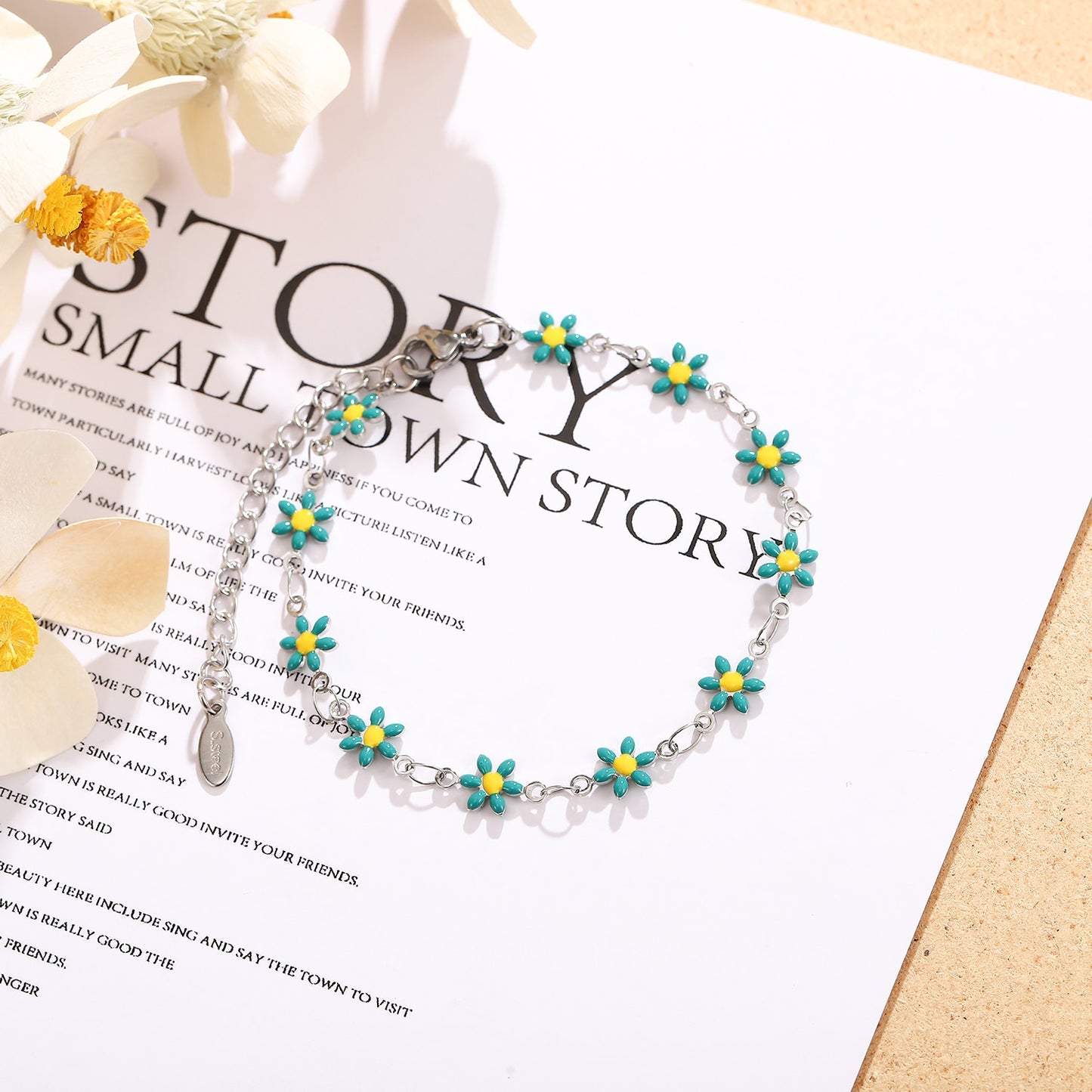 Stainless Steel Color Drip Blossom Flower Pendant Bracelet Aesthetic Jewelry for Women Minimalist Adjustable Chain Bangle Ankles
