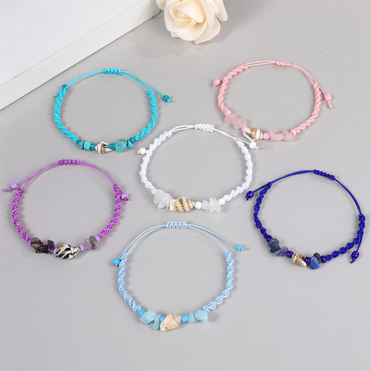 12pcs/lot Summer Surf Shell Conch Bracelet Women Men Natural Stone Amethyst Turquoise Healing Yoga Bracelet Jewelry