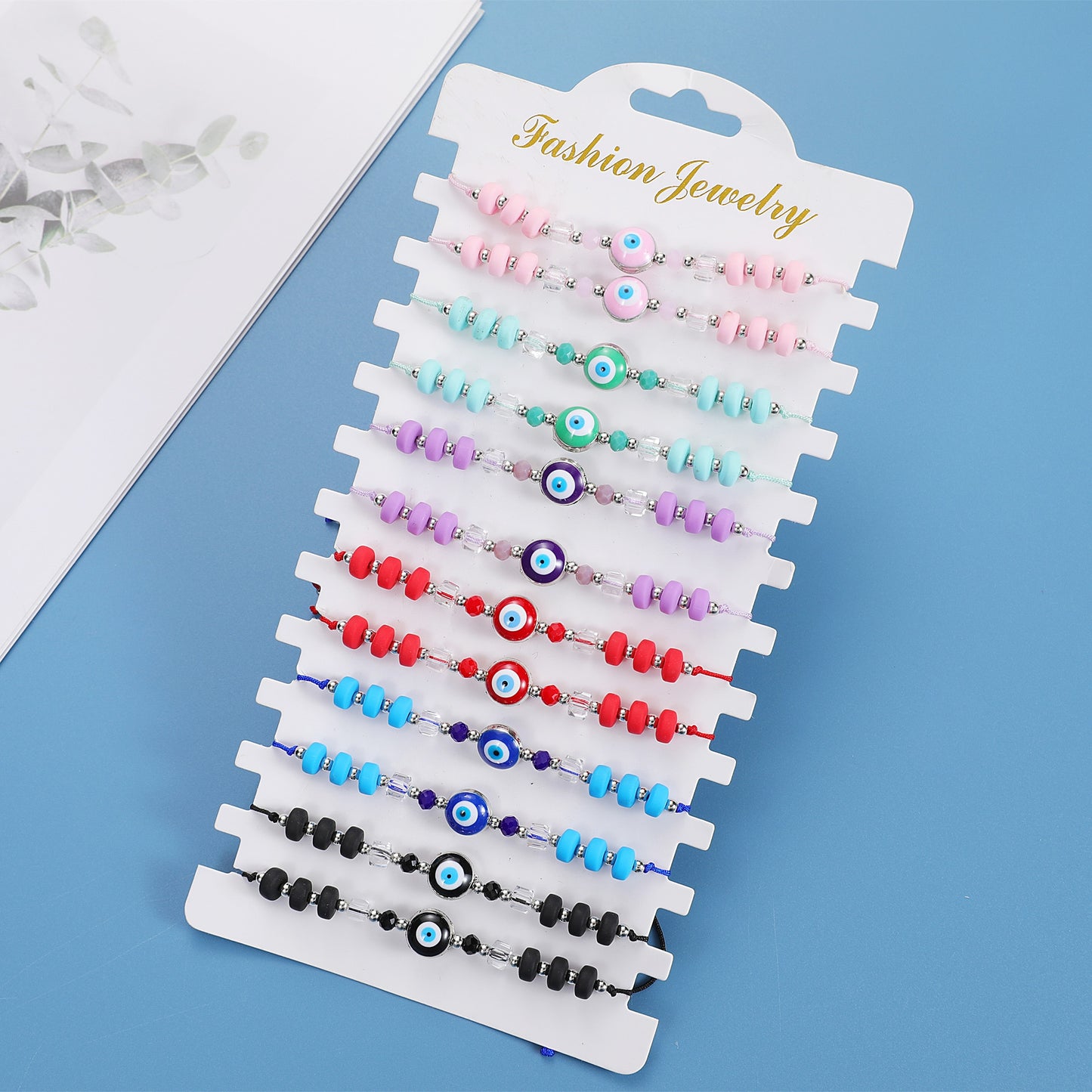 12pcs Blue Evil Eye Bracelet Bohemia Jewelry Handmade Woven Rope Acrylic Macaron Beaded Bracelets for Women Girl Gift