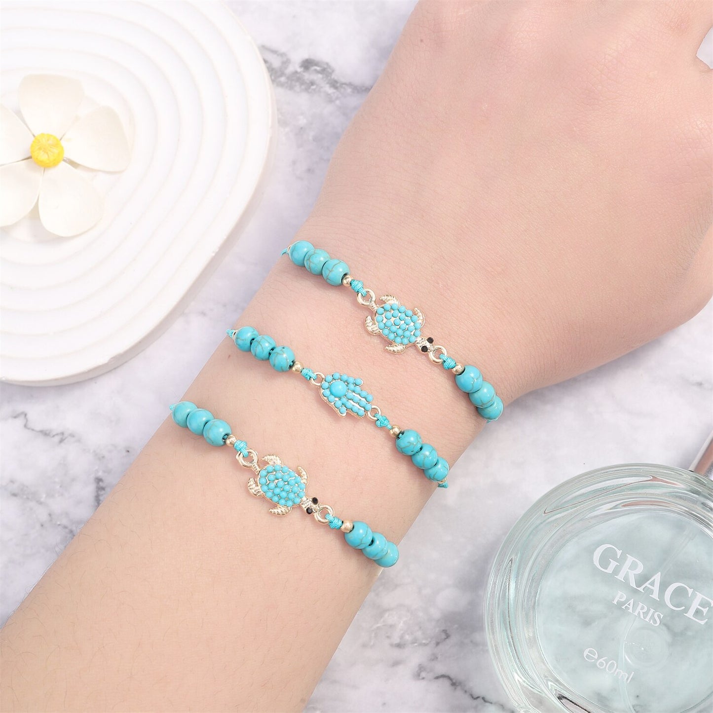 12pcs/set Green Natural Stone Turtle Charms Braided Bracelet Women Fatima Hand Adjustable Rope Chain Yoga Anklet Jewelry