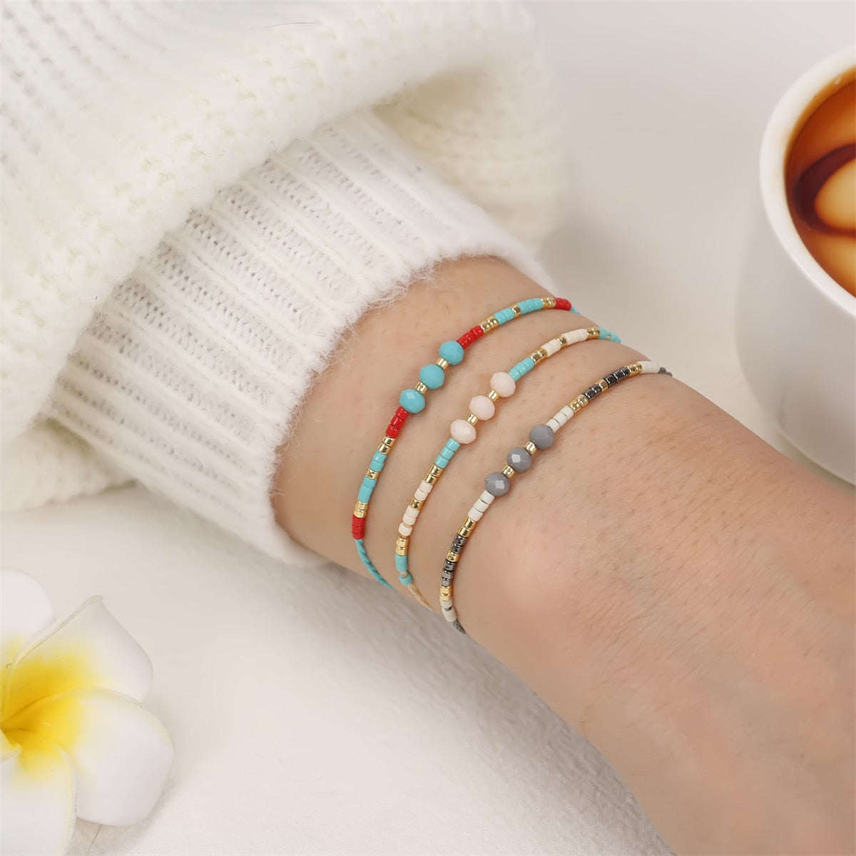 12Pcs Faceted Crystal Seeds Beaded Pearl Braceles Anklets Adjustable Braided Wax Rope Chain Wristband Cuff Boho Jewelry