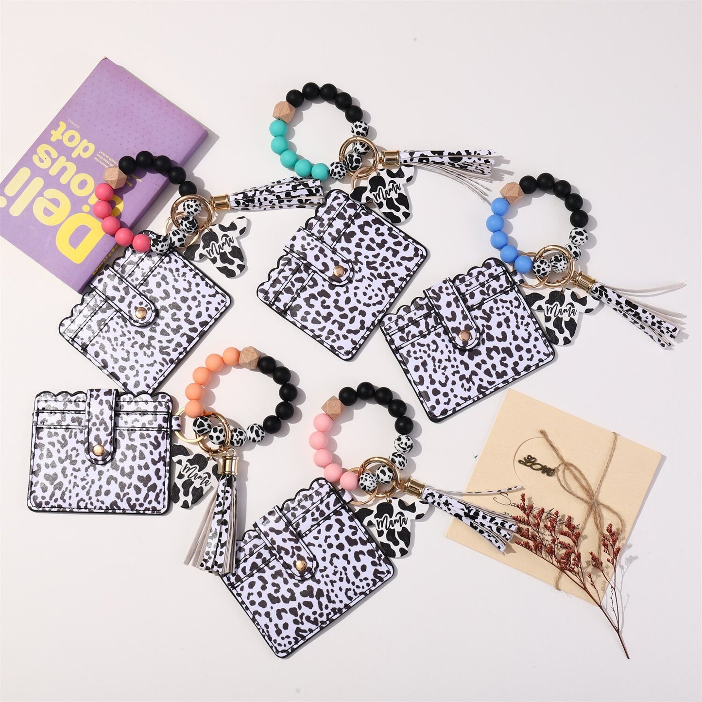 Fashion Silicone Beads Tassel Bracelet Wristlet Bangle with Leopard Print Wallet Key Card Holder Large Round Keyring for Women