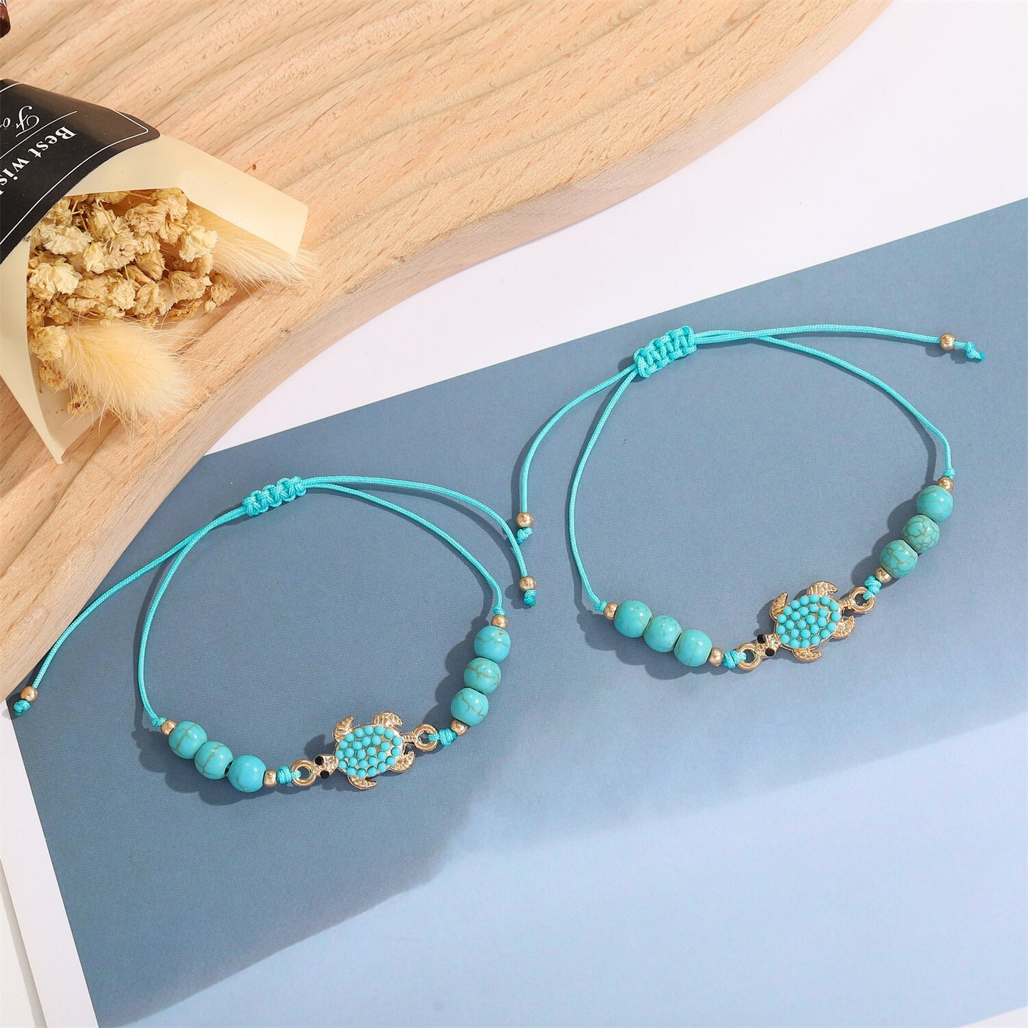 12pcs/set Green Natural Stone Turtle Charms Braided Bracelet Women Fatima Hand Adjustable Rope Chain Yoga Anklet Jewelry