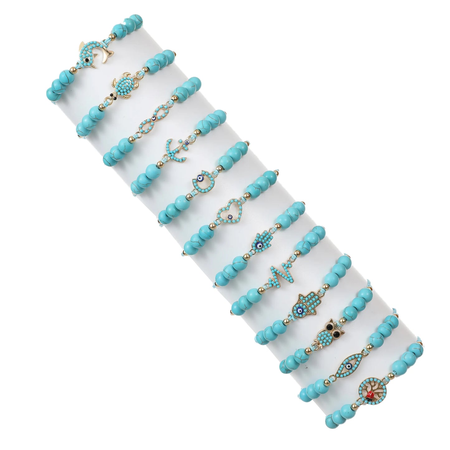 12pcs Tree of Life Fatima Hand Beads Bracelets Turquoises Adjustable Cotton Rope Chain Animal Charm Bracelet for Women Jewelry