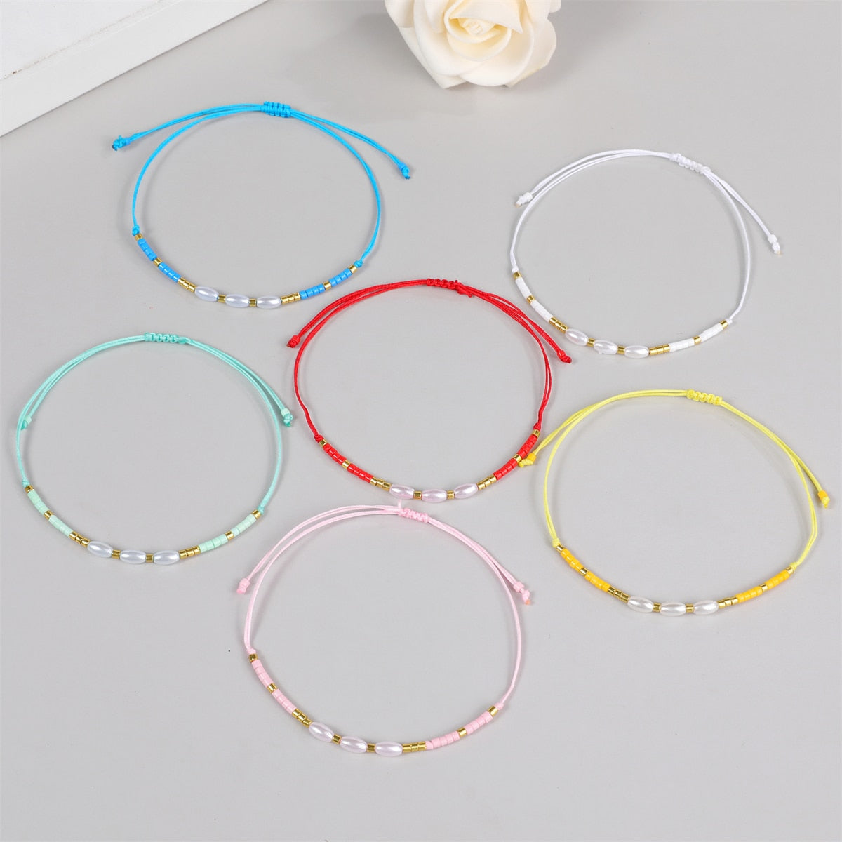 Boho 12pcs Seeds Bead Pearl Bracelet for Women Men Summer Surf Anklet Adjustable Hand Braided Wax Rope Chain Bracelets