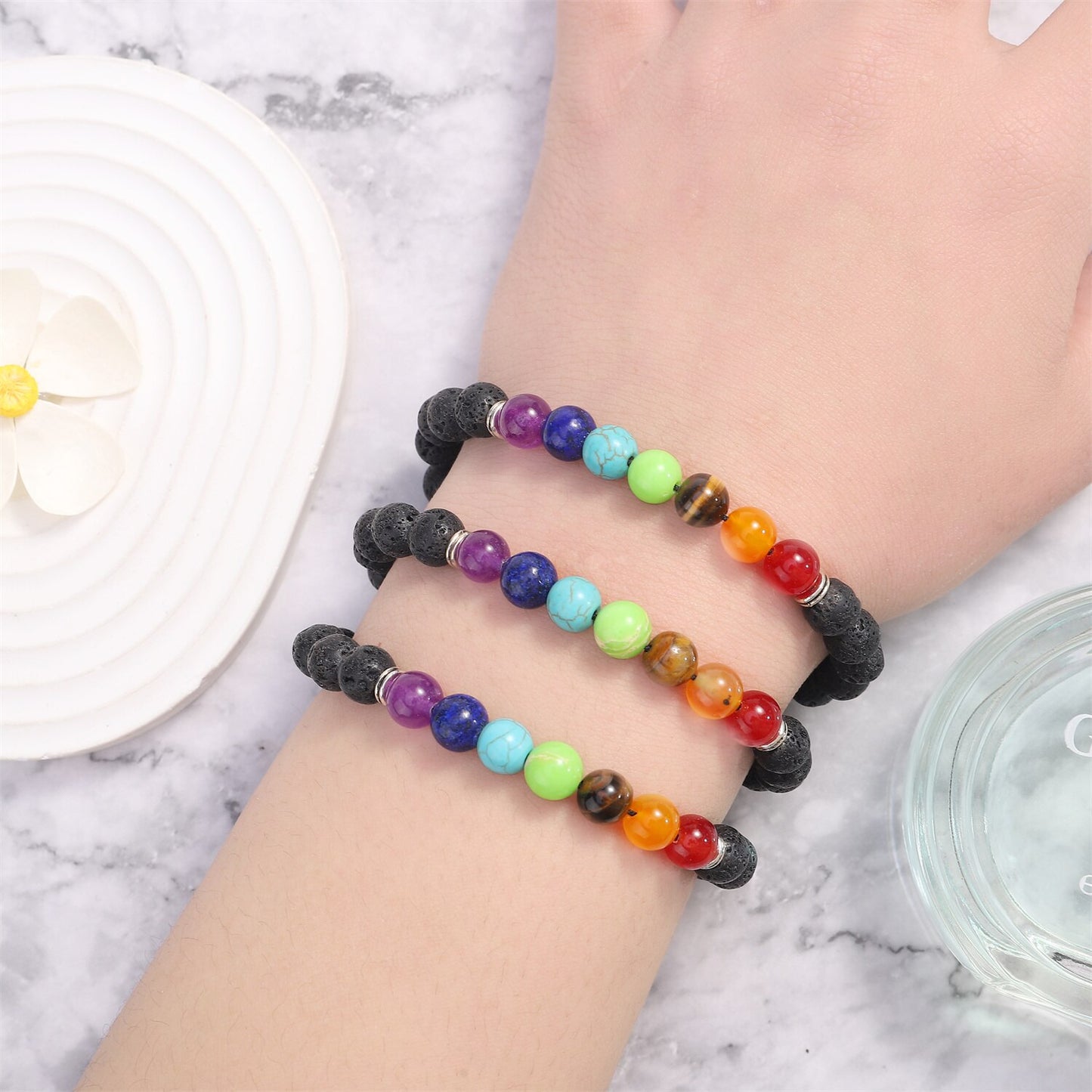 12pcs/lot 7 Chakra Healing Bead Bracelet Volcanic Rock Natural Stone Mala Pendant Buddha Balance Bracelets for Women Men Jewelry
