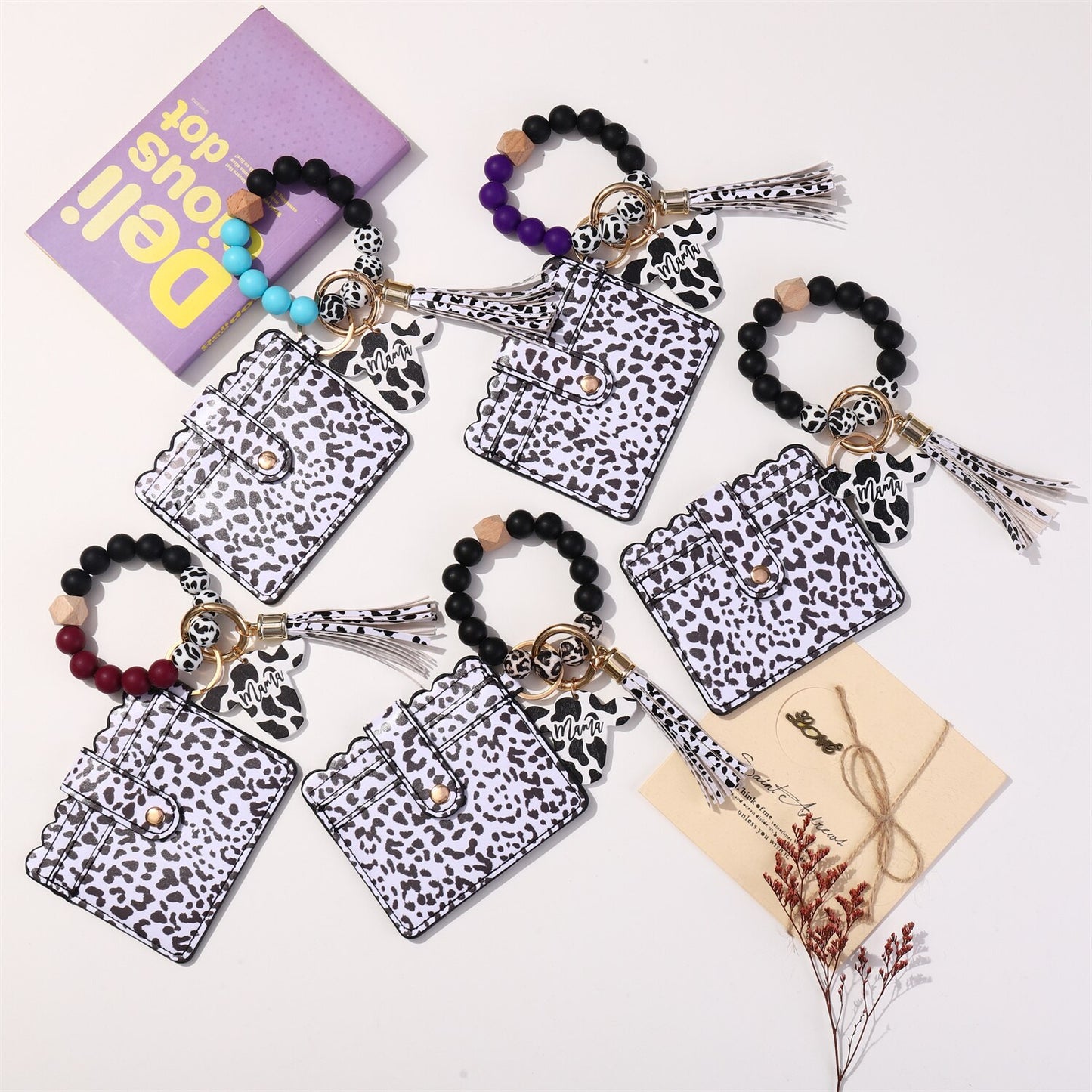 Fashion Silicone Beads Tassel Bracelet Wristlet Bangle with Leopard Print Wallet Key Card Holder Large Round Keyring for Women